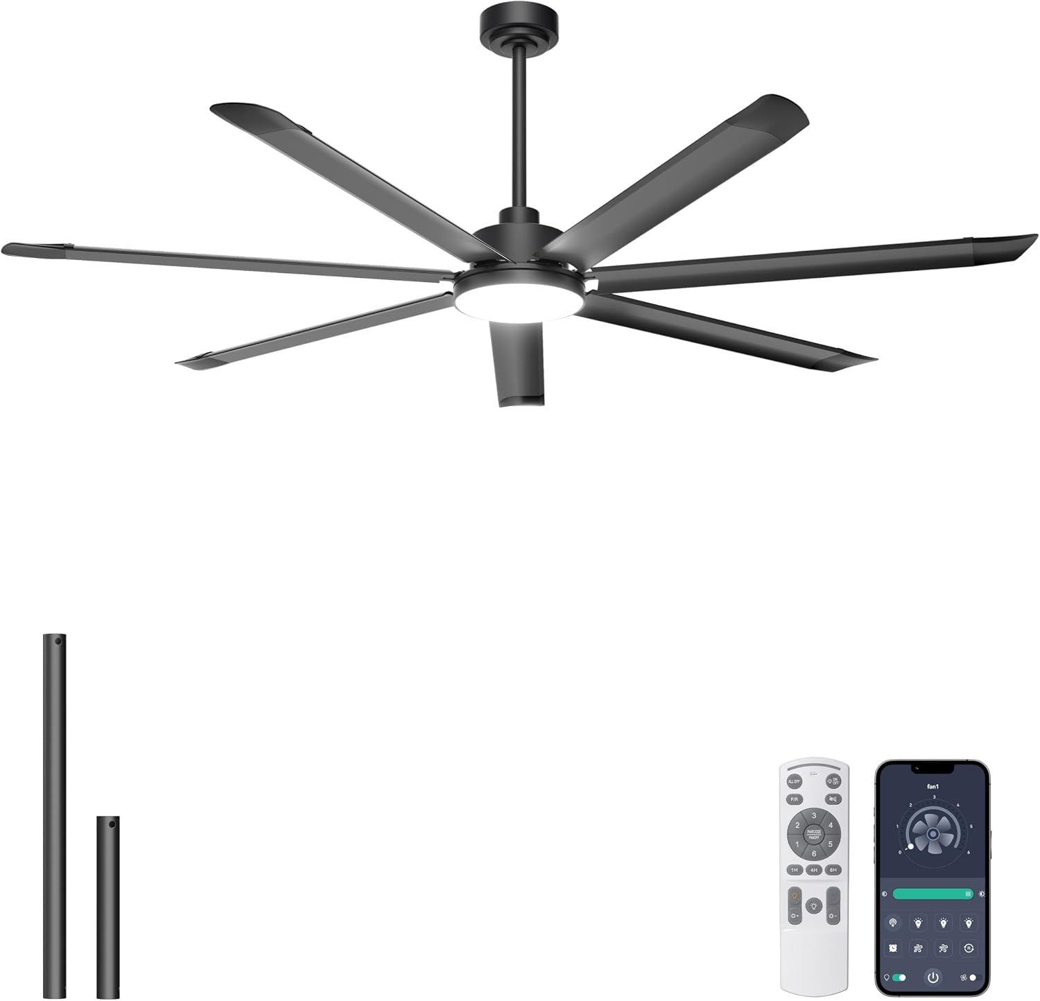 Detalle de Ohniyou GLX121 72-Inch Industrial Ceiling Fan with Light, 7 Blades, App Control