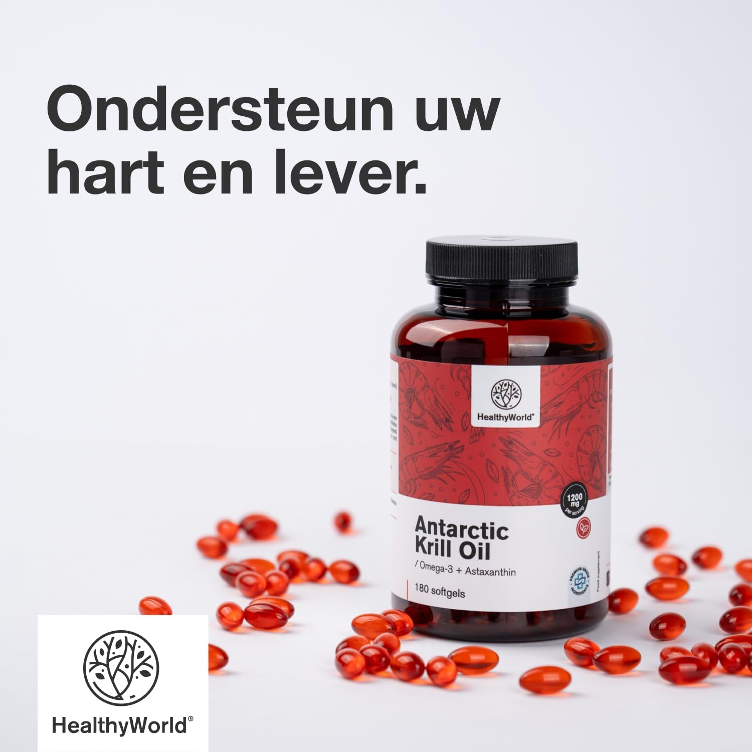 Detalle 2 de HealthyWorld Krillolie 1200 mg met omega 3, astaxanthine en 180 capsules