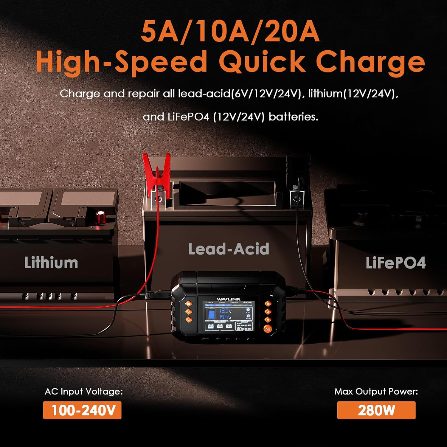 Thumbnail 1 de WAVLINK 280W Smart Battery Charger (Max 20A) for 6V/12V/24V Lead-Acid & LiFePO4