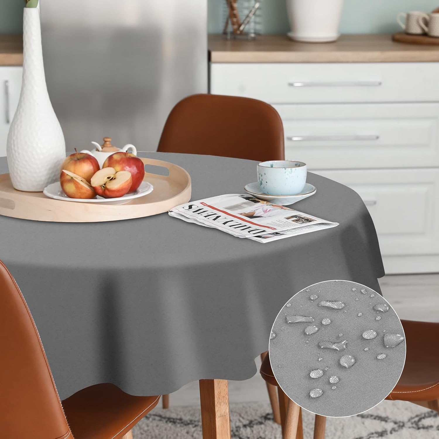 Detalle de AUAUY rond tafelkleed 120 cm in grijs polyester, water- en vuilafstotend
