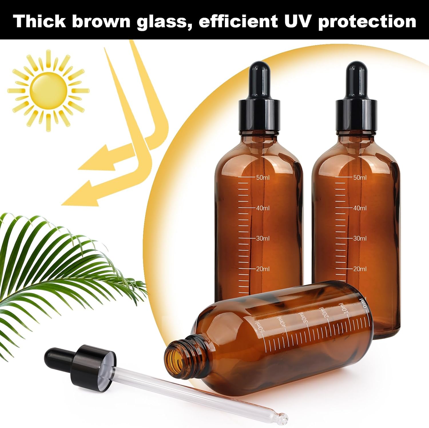 Detalle de Nadisean 6Pcs Amber Glass Dropper Bottles 50ml – Precise,UV‑protected Refillable Set