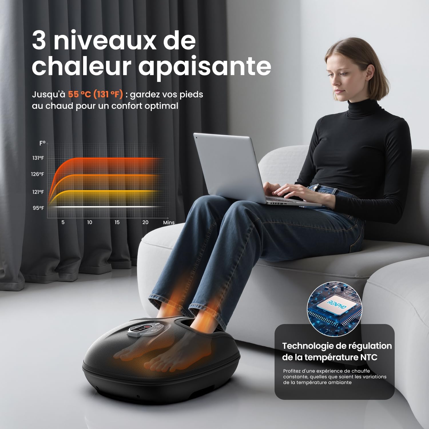 Detalle de RENPHO Masseur de pieds portable avec chaleur et massage Shiatsu – 3 intensités, 55 °C