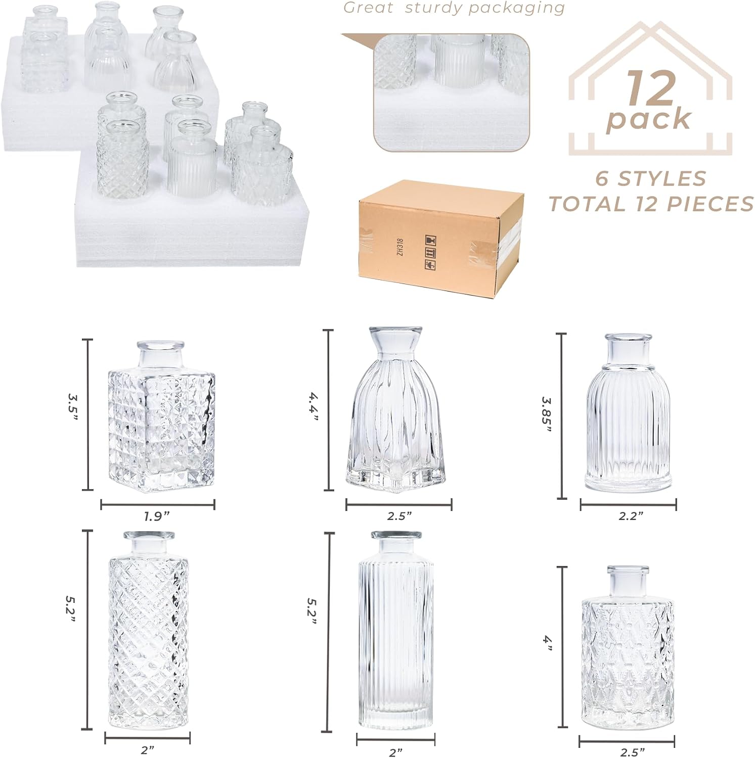 Detalle de Lot de 6 mini vases en verre ComSaf (5 × 13 cm) – vases transparents motif diamant pour fleurs décoratives