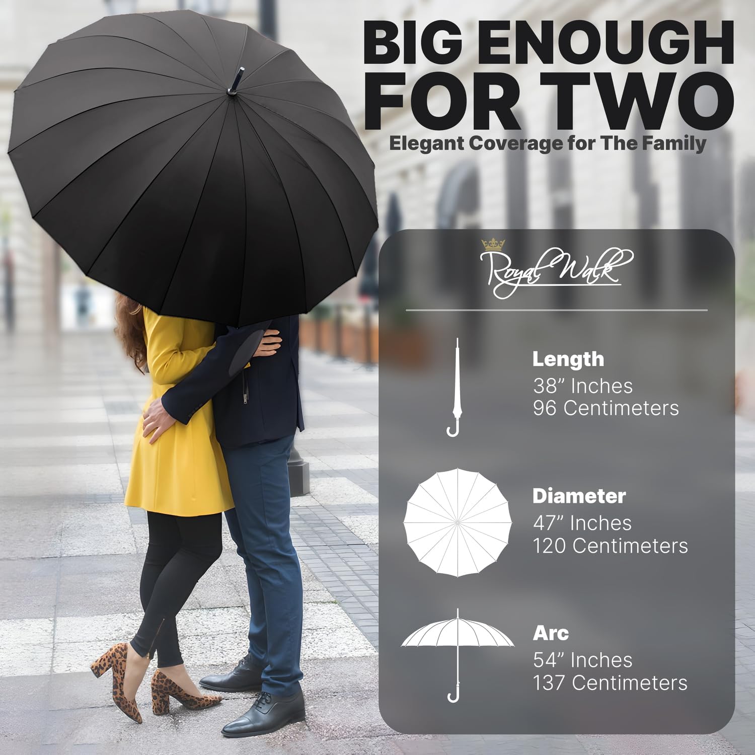 Thumbnail 1 de Royal Walk Windproof Umbrella Black Large 54 Inch Automatic Open (for 2) with Wooden Handle