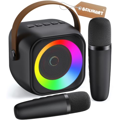 Detalle de BEILIHART Mini Karaoke Machine: Portable Bluetooth Speaker with 2 Wireless Mics, Party Lights