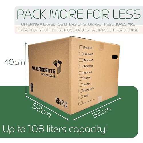 Detalle de W.E. Roberts 10 Strong Extra Large Cardboard Moving Boxes (52cm x 52cm x 40cm) with Printed Room List and Carry Handles