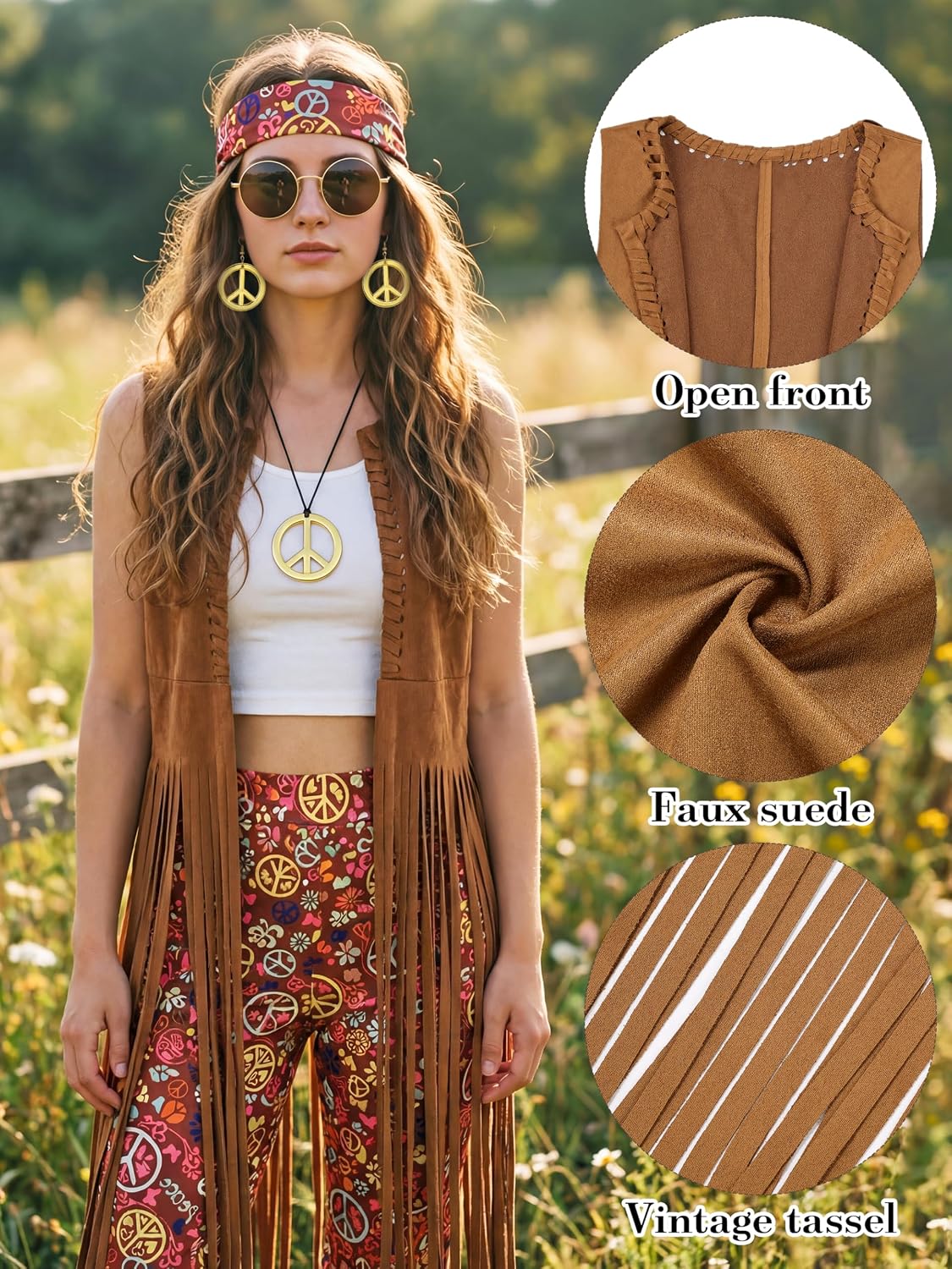Detalle 2 de SOMSOC 7-Piece 60s and 70s Hippie Costume with Fringe Vest and Flared Pants
