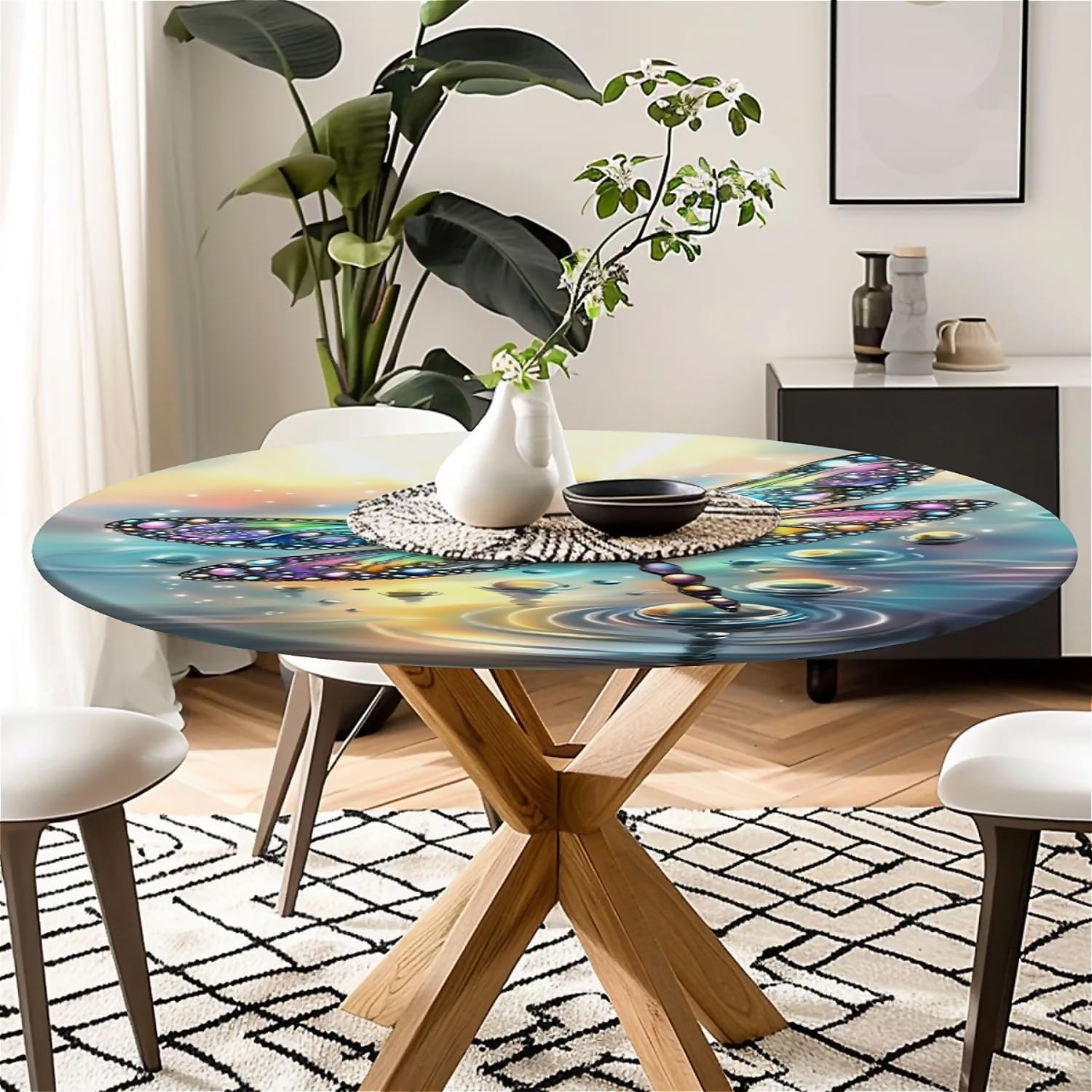 Thumbnail 6 de artslion Outdoor Round Tablecloth with Elastic Band 44In (110Cm) — Wipe Clean, Diamond Dragonfly