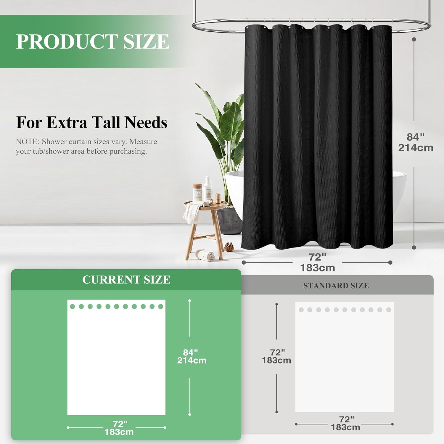 Detalle 2 de Dynamene 84-Inch Waffle Weave Shower Curtain, 256 GSM, Black