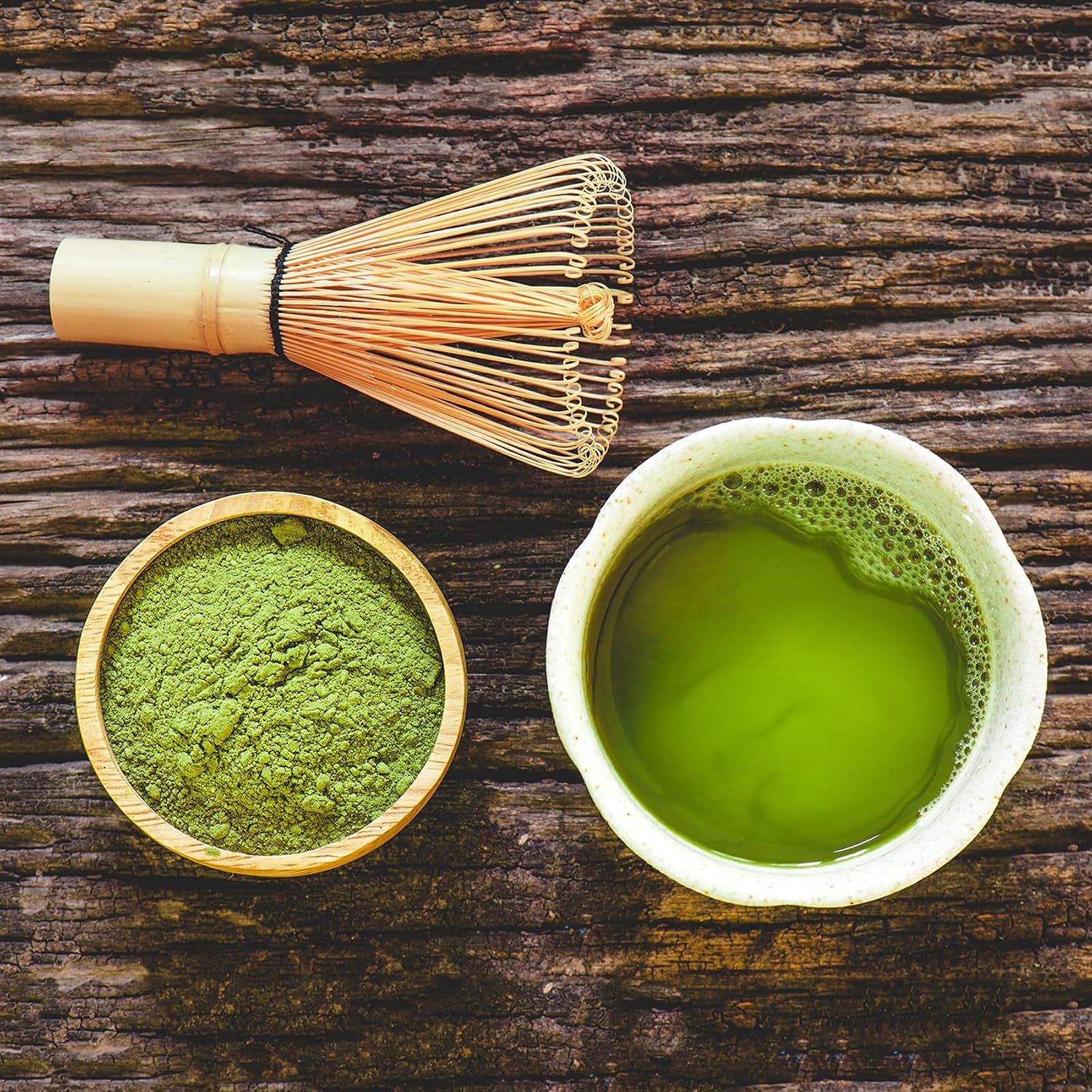 Detalle de Matcha Tee Set mit traditionellem Besen, Löffel und Keramikhalter – grün