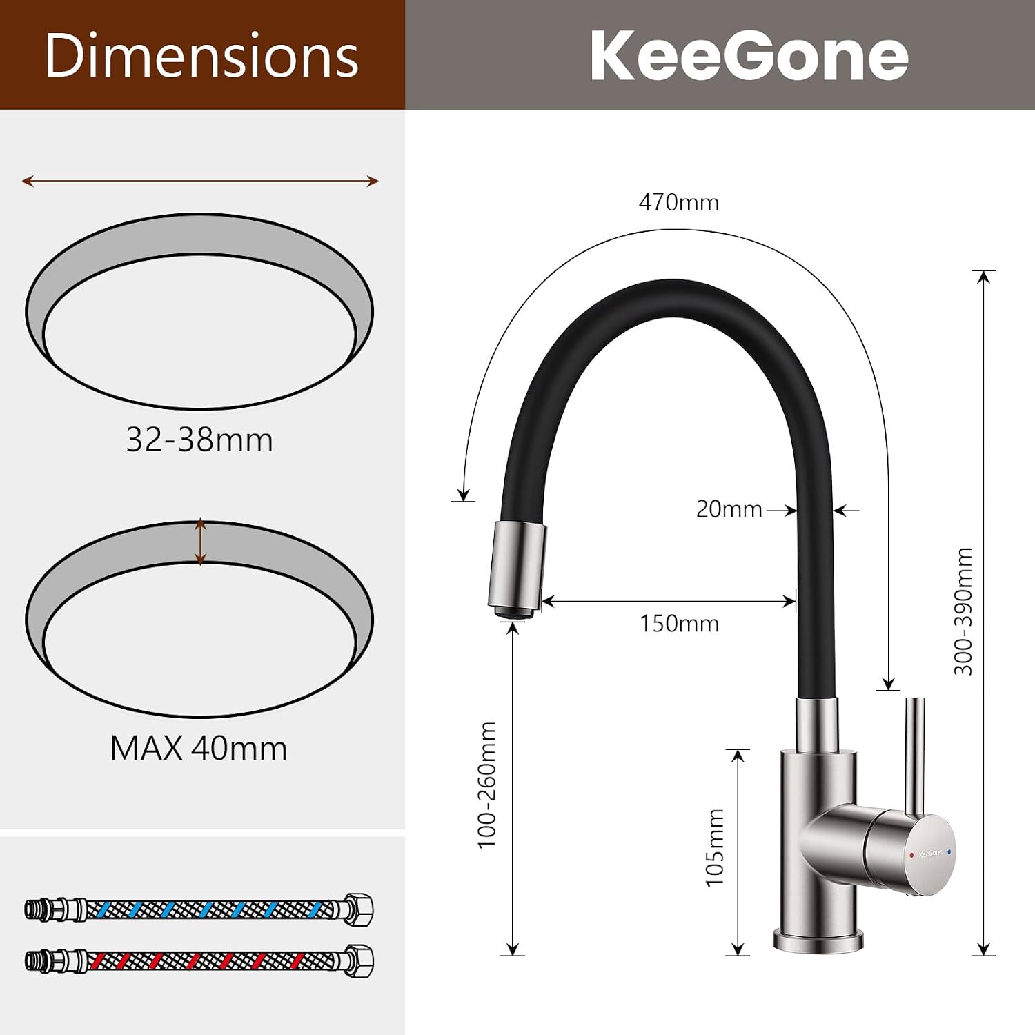 Detalle 1 de KeeGone KGKF013AS1-EU keukenkraan met flexibele handdouche, chroom en 360° draaibaar