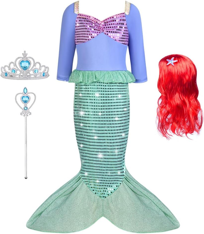 Detalle de AUYAO Vestito Sirenetta per Bambina – Costume di Prinsesi Ariel con Parrucca e Corono