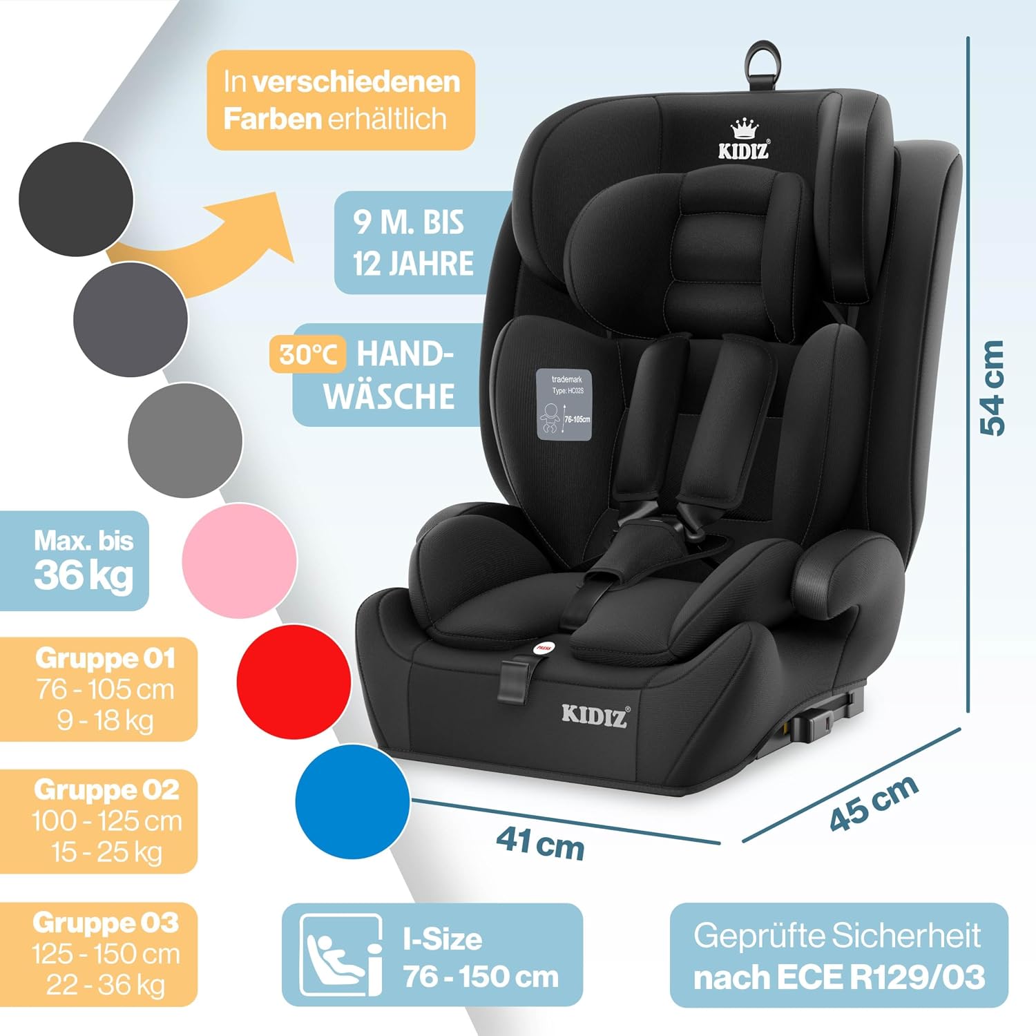 Thumbnail 1 de KIDIZ® Autokindersitz mit ISOFIX i-Size R129, 100–150 cm (bis 12 Jahre), 5-Punkt-Gurt & höhenverstellbarer Kopfstütze – Schwarz