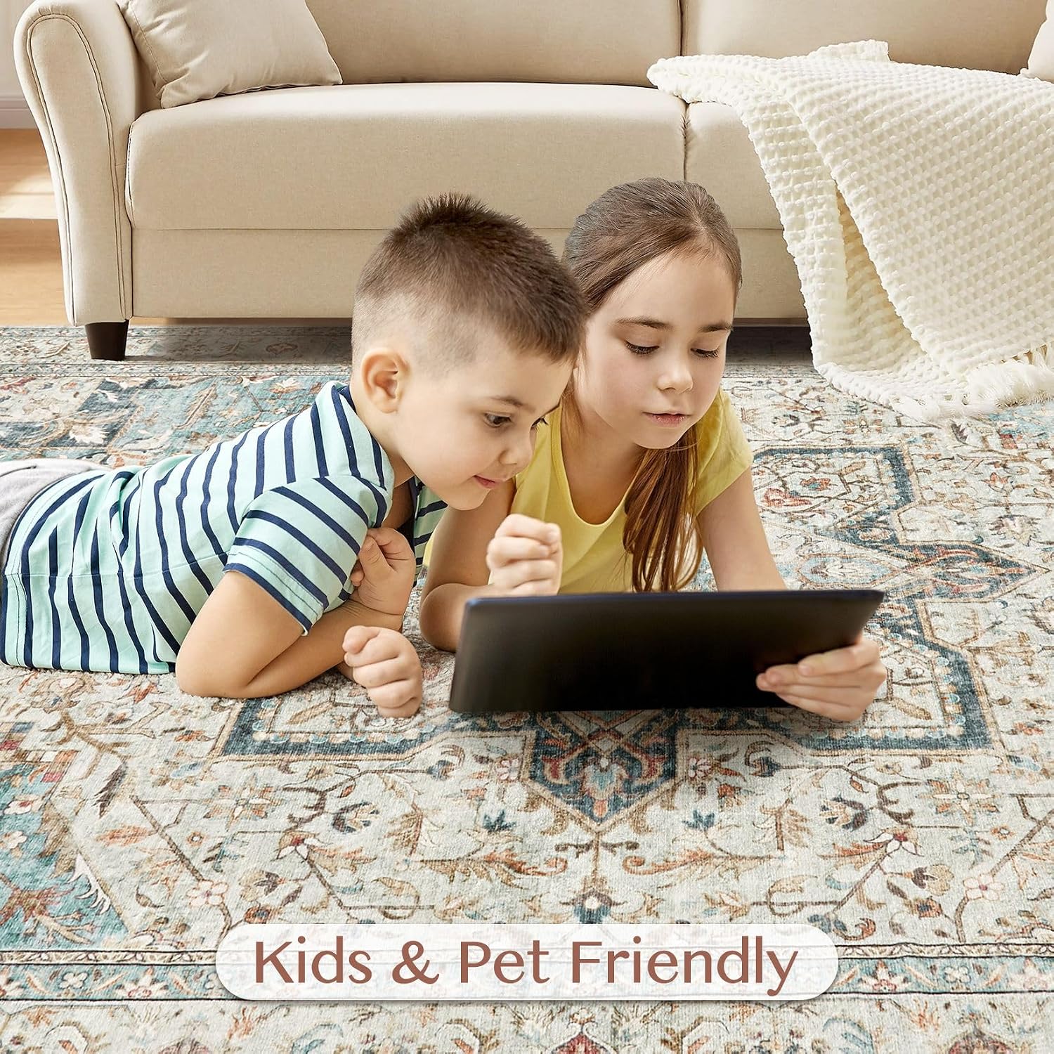Detalle 2 de Tortania Area Rug Living Room Rugs 10x14 Washable Boho Rug (Cream Blue)