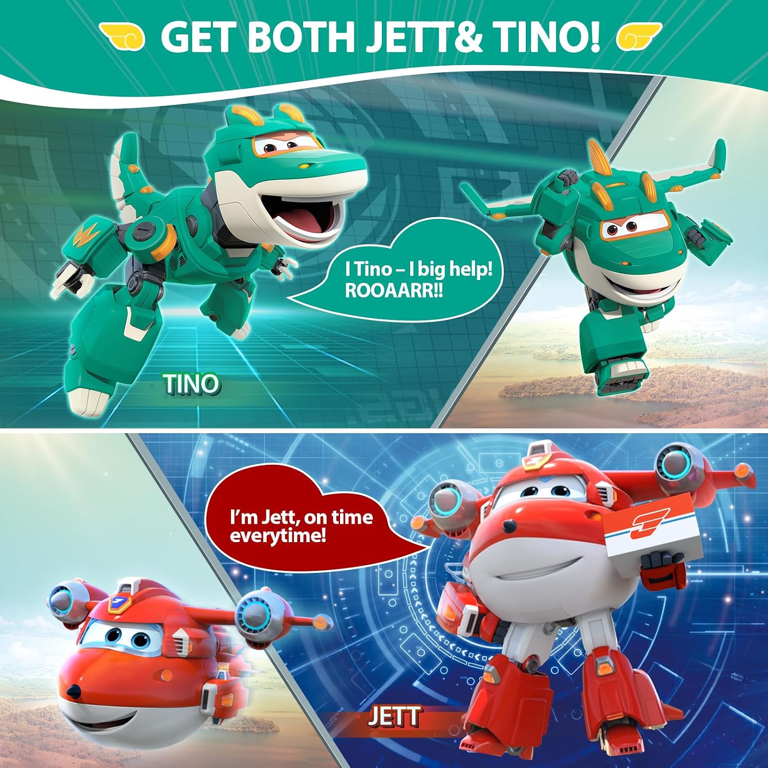 Detalle 2 de Super Wings 5" Transforming Characters 2-Pack: Jett Supercharged + Tino, set di 2 figure trasformabili da 12 cm