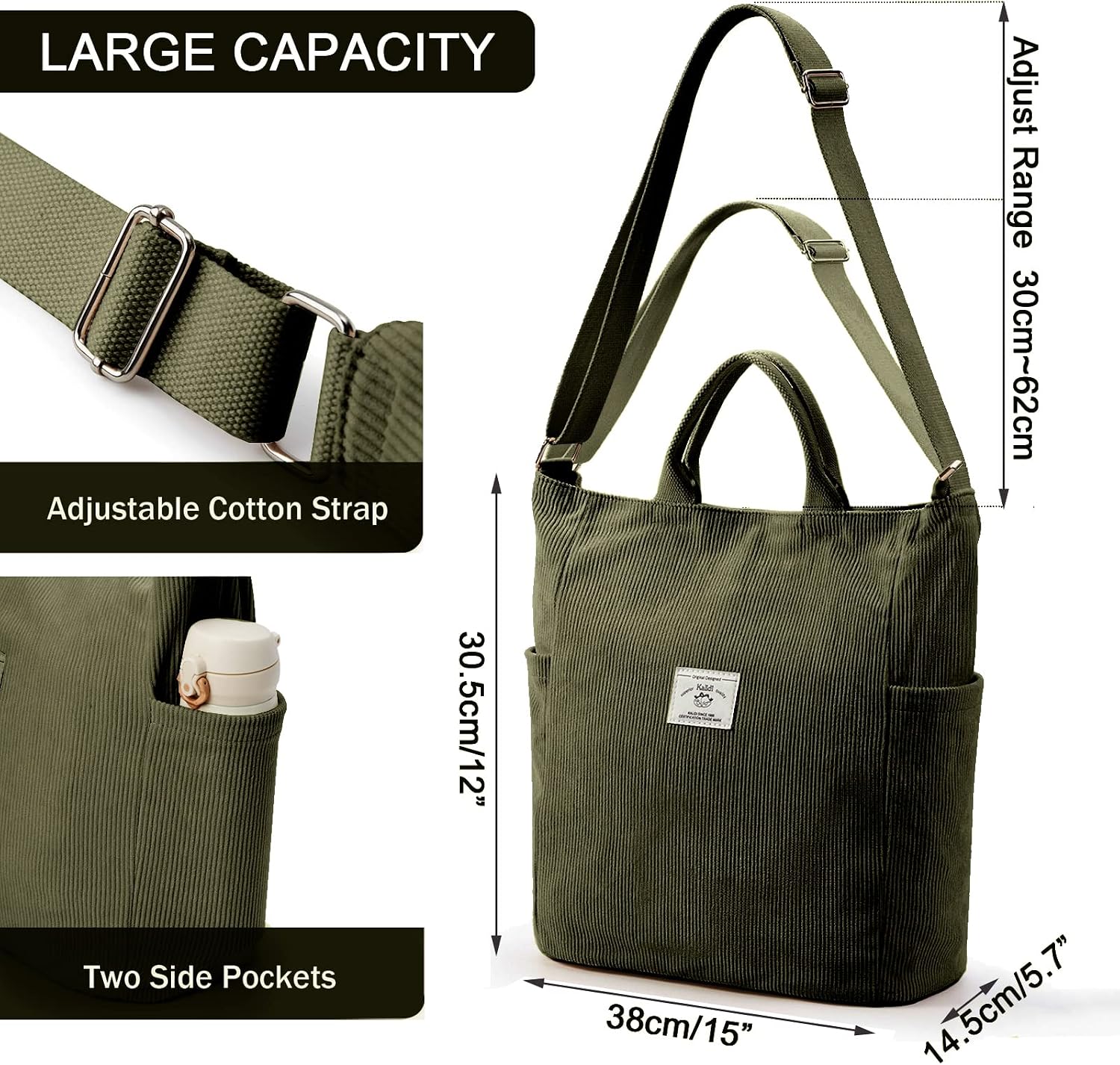 Thumbnail 5 de KALIDI Corduroy Hobo Bag, 38.1 cm large capacity