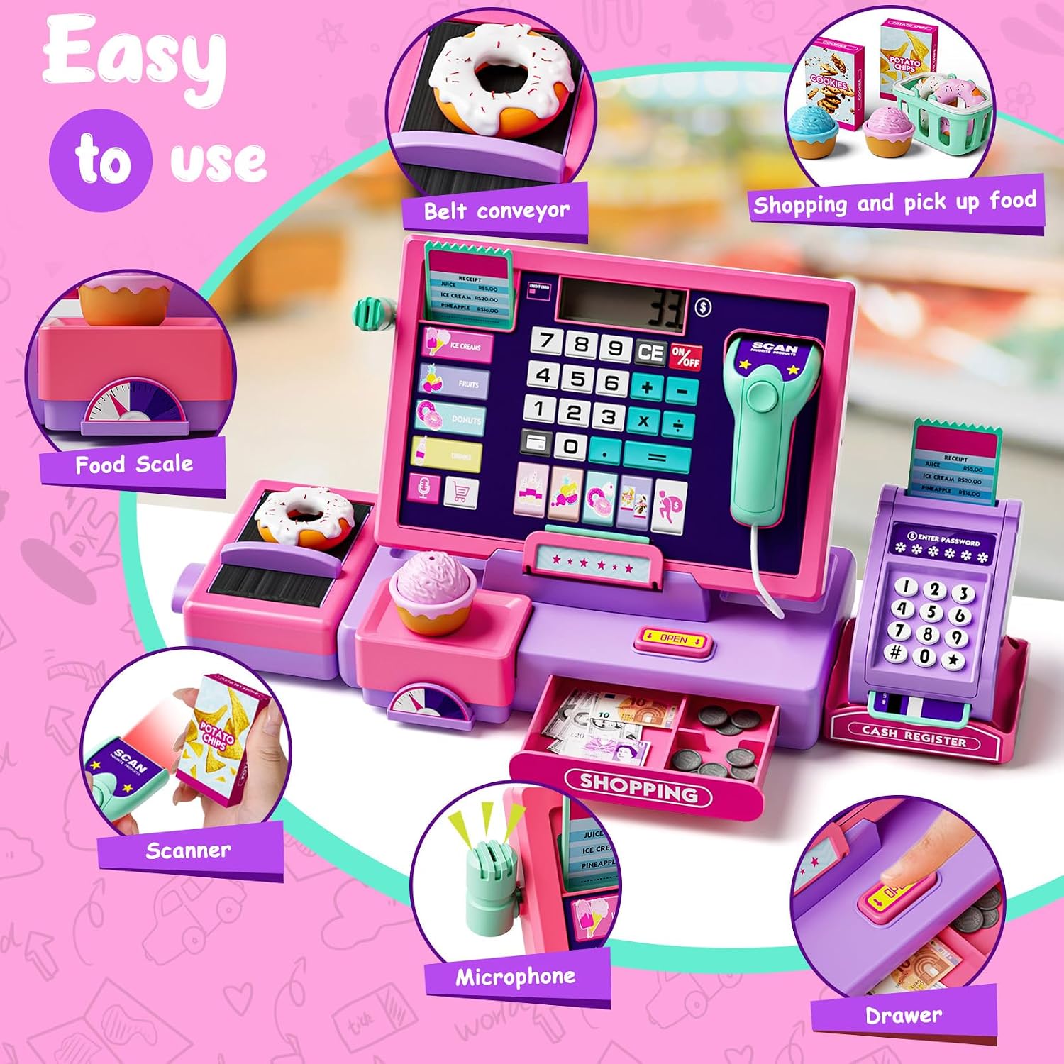 Detalle 2 de Maysida Kids Cash Register Toy Playset: Real Calculator, Scanner and Play Money for Engaging Toddler Shop Play