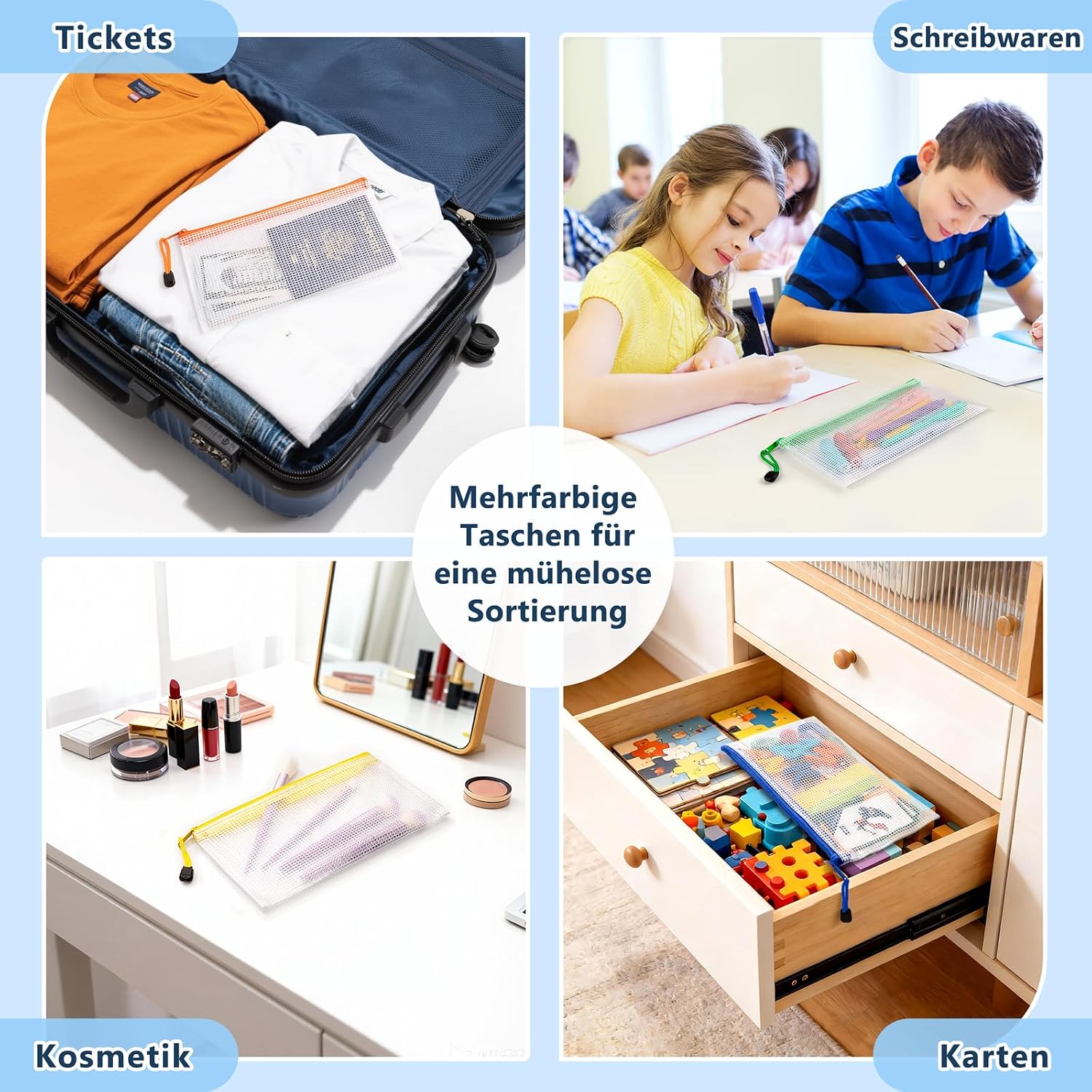 Detalle de SUNEE Dokumententasche A6 (12er-Set) – wasserdichte Mesh-Dateitachen mit Reißverschluss in 6 Farben