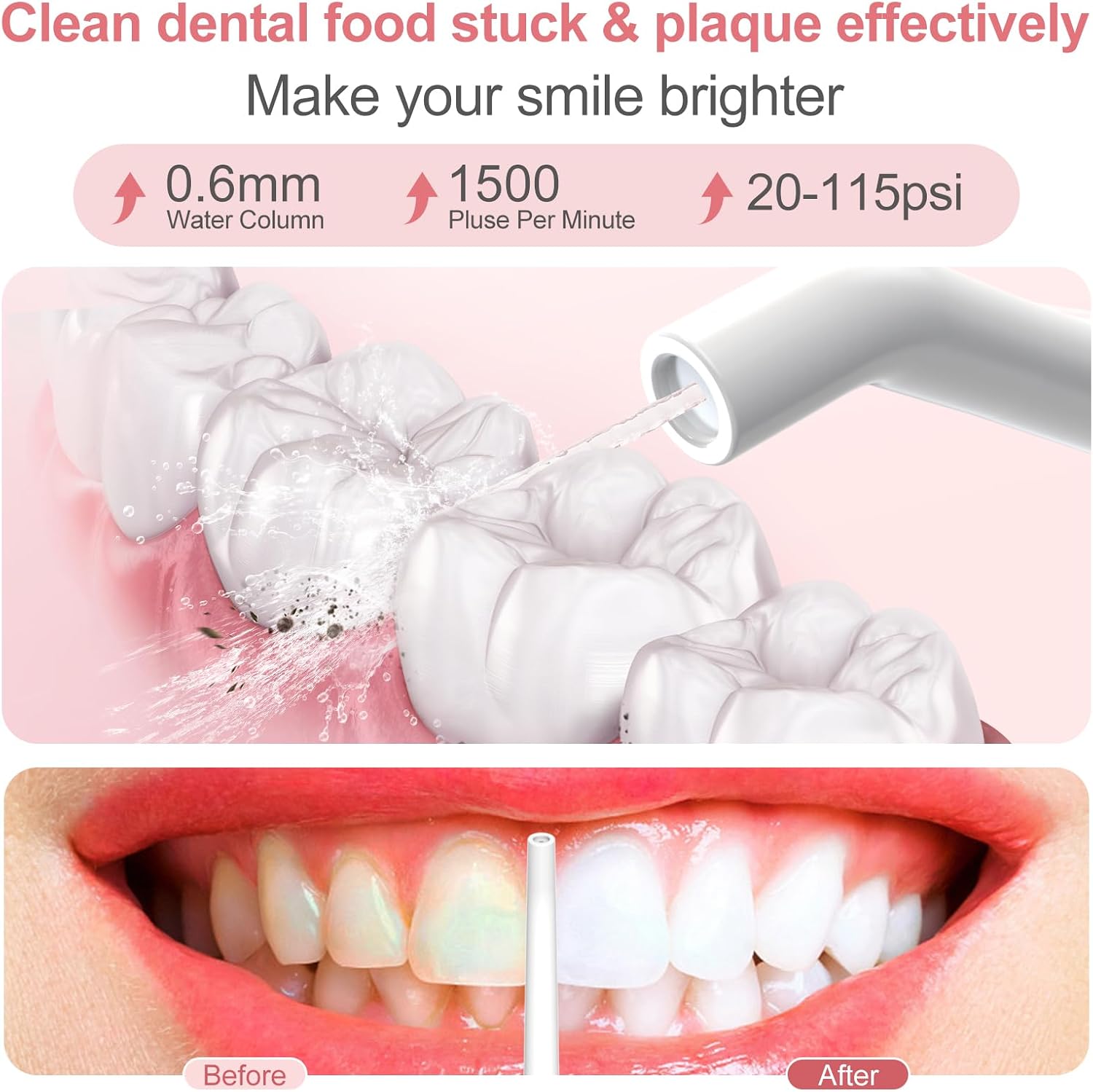 Detalle 2 de Nicefeel Cordless Water Flosser (300ml) with 4 Jet Tips, 3 Modes, USB Rechargeable, IPX7 Waterproof