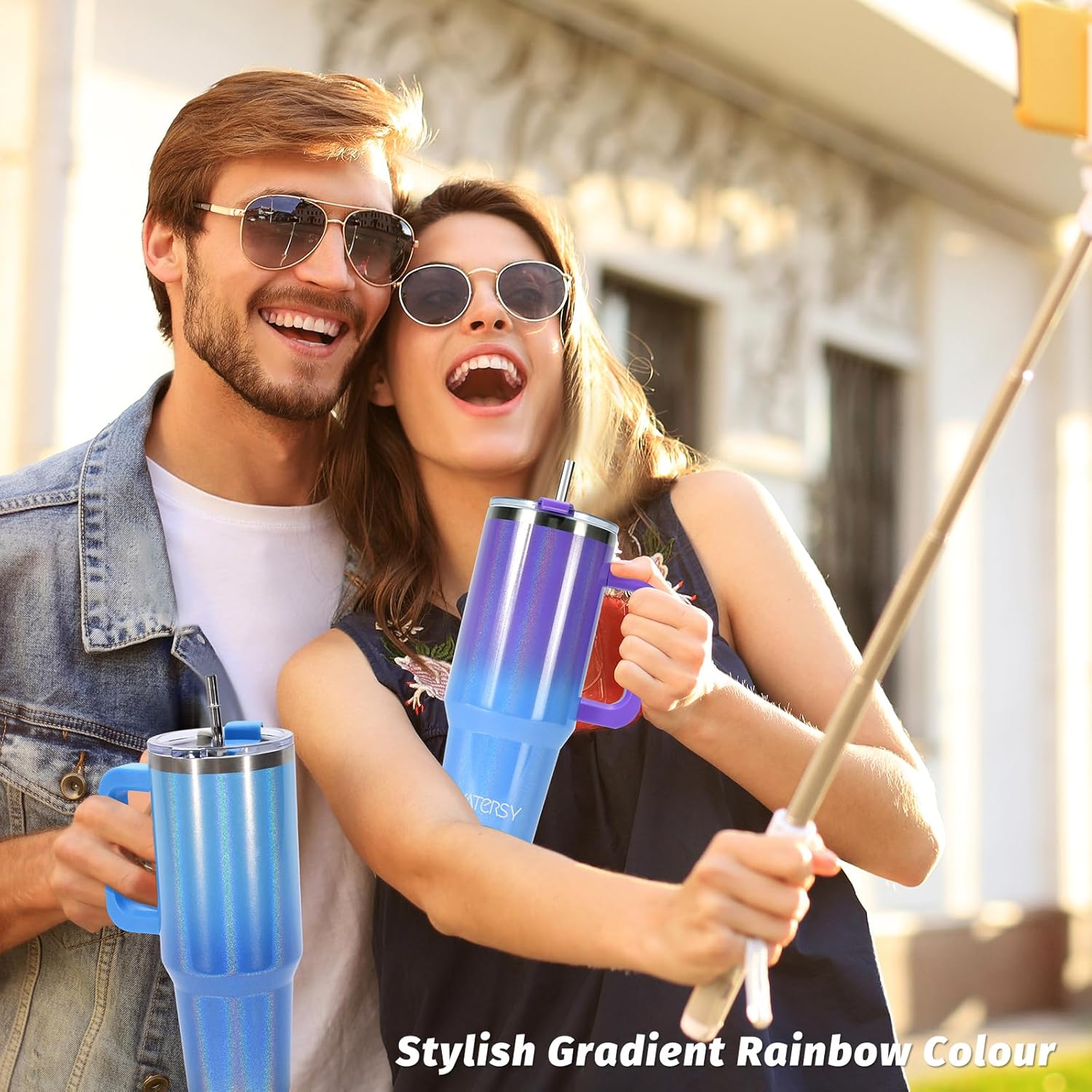 Detalle de WATERSY 40oz Tumbler with Straw and Lid – 1182ml Stainless Steel Vacuum Insulated Travel Mug (Blue)