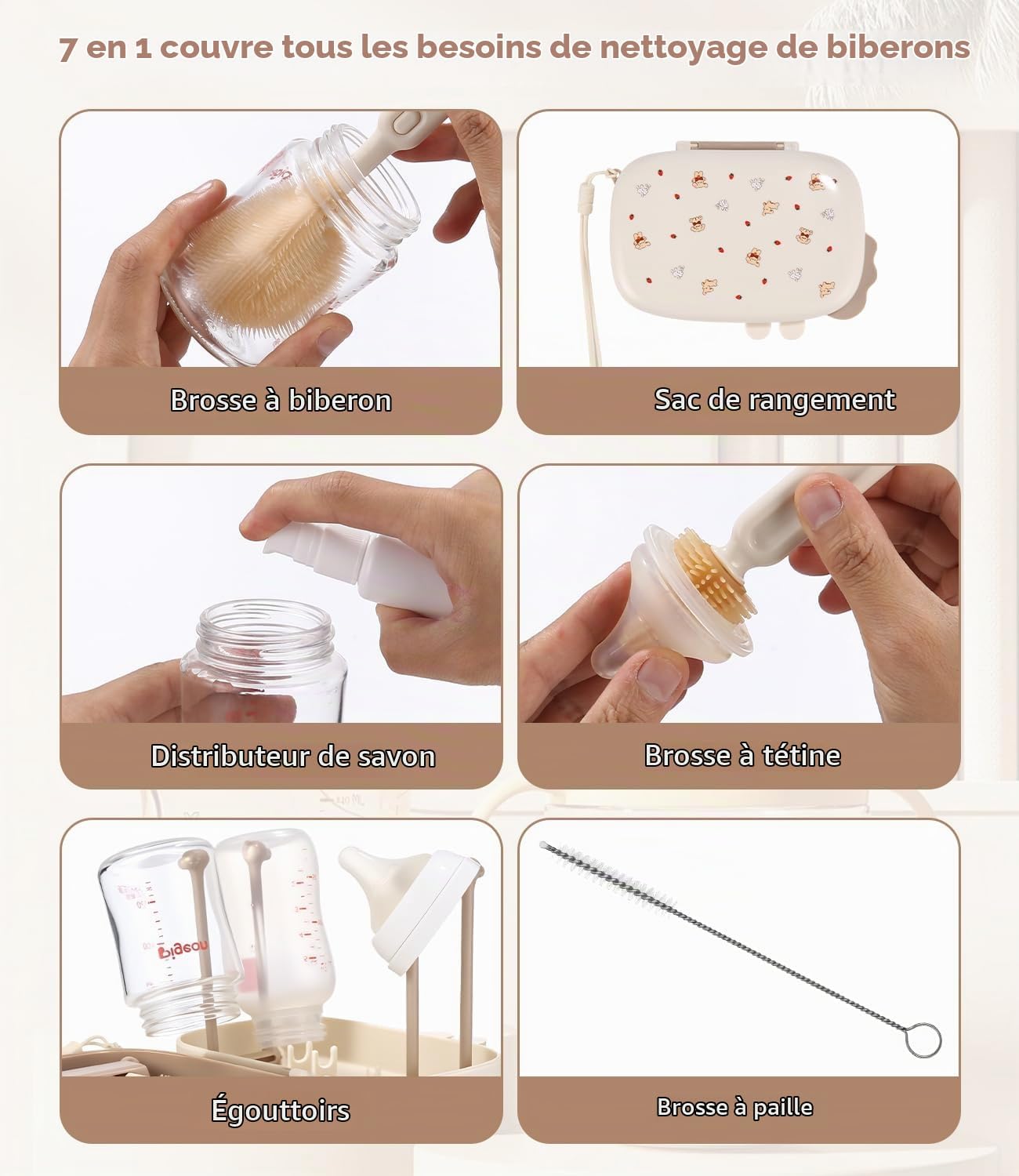 Detalle 1 de Yoxovo Flaschenbürste Baby 7-in-1 babyflessenborstelset met siliconenborstel en droogrek