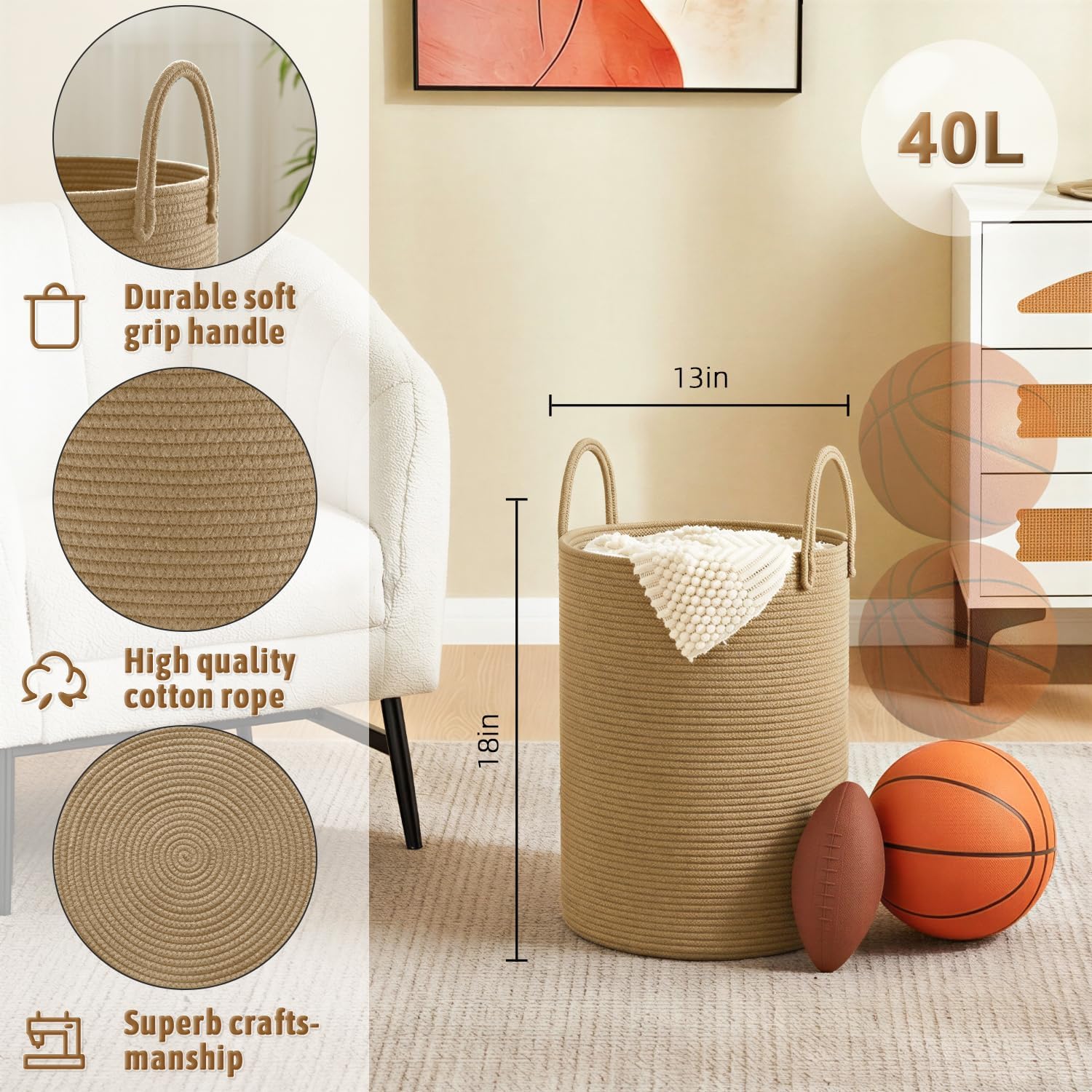 Detalle 2 de Artfeel 40L Cotton Rope Laundry Basket, Machine Washable with Reinforced Handles