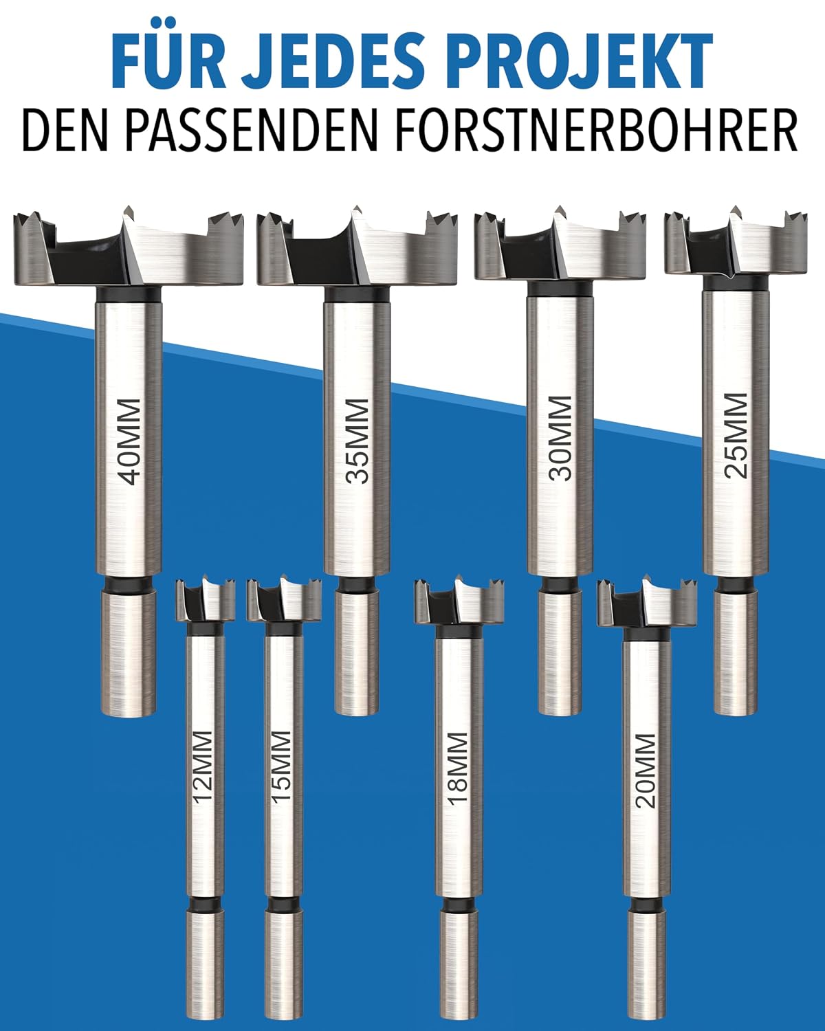 Detalle 2 de Forstnerbohrer-Set 8-teilig 12–40 mm inkl. Aufbewahrungsbox – Präzisionsbohrer für Holz, Scharniere & Möbelbau