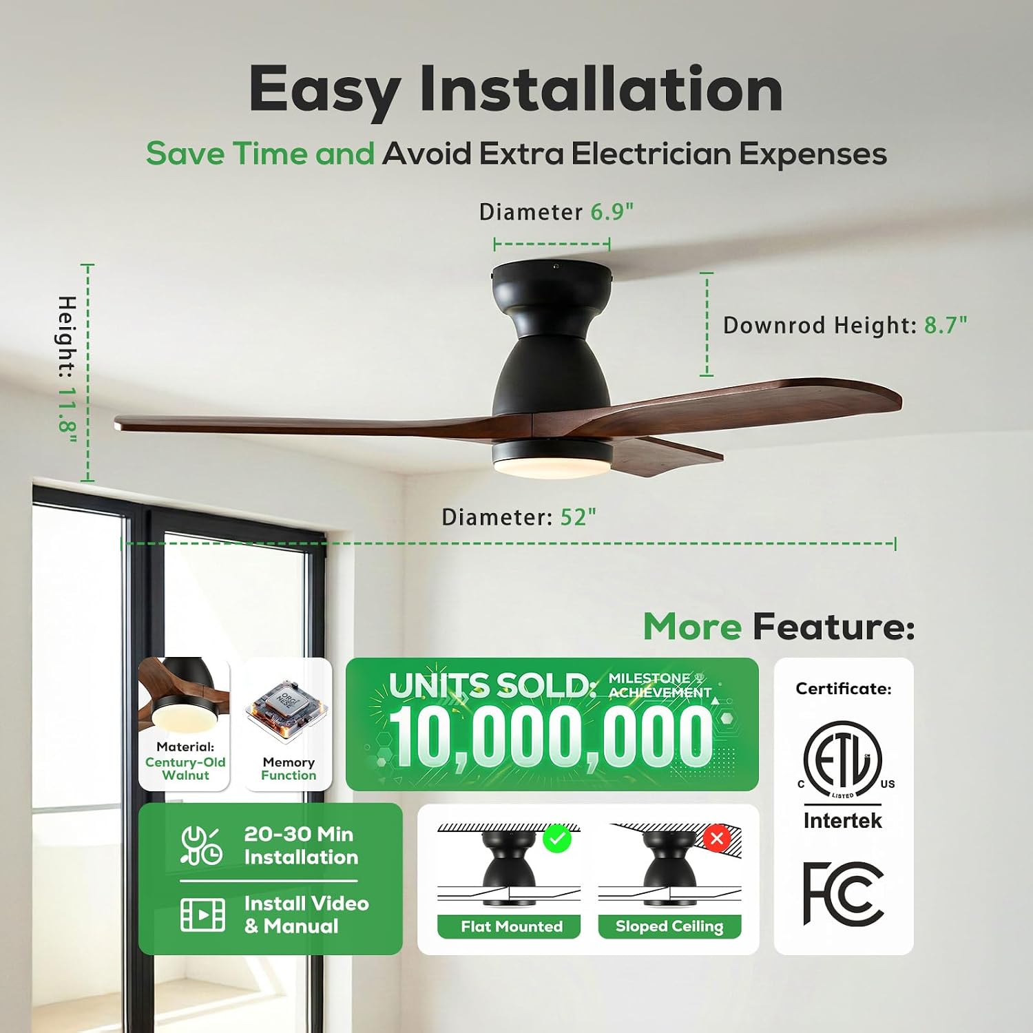 Detalle de ORGINESE 8726L-52 52-Inch Flush-Mount Ceiling Fan, Dark Walnut, Dimmable LED