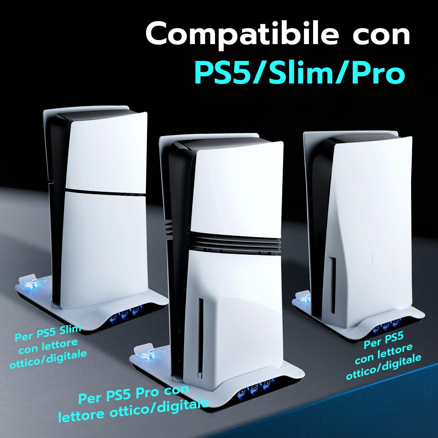 Thumbnail 1 de Tolesum supporto verticale per PS5 Slim/Pro/Disc con ventola e base di ricarica USB per 2 controller