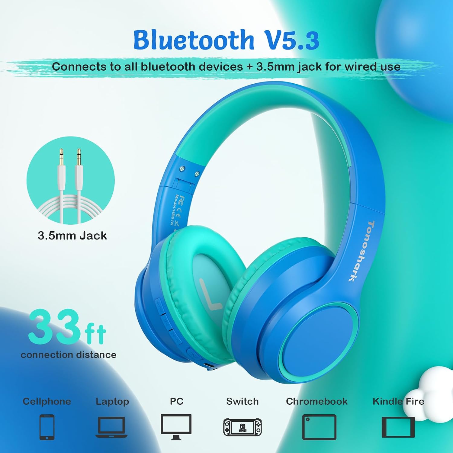 Detalle 2 de TONOSHARK Kids Wireless Noise Cancelling Headphones (Foldable) with Microphone – Dark blue, 60h playtime