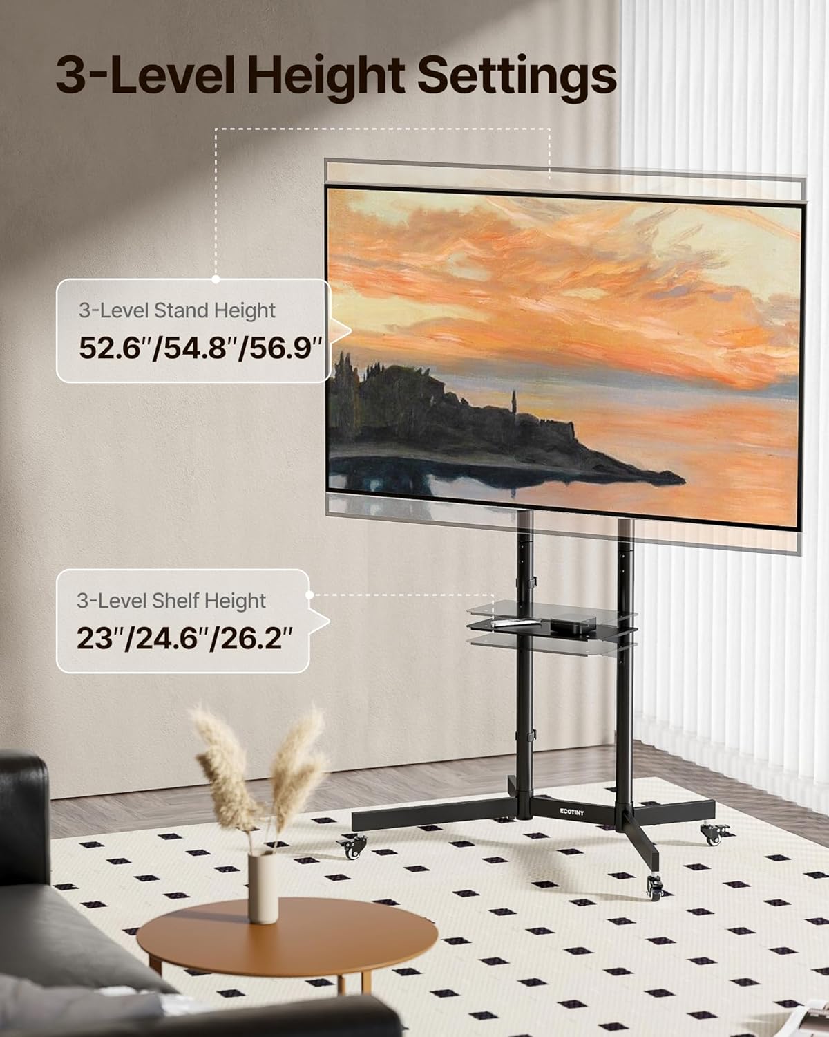 Detalle de ECOTINY Rolling TV Stand for 32–85" with 70 kg load capacity, tilt and locking wheels (Black)