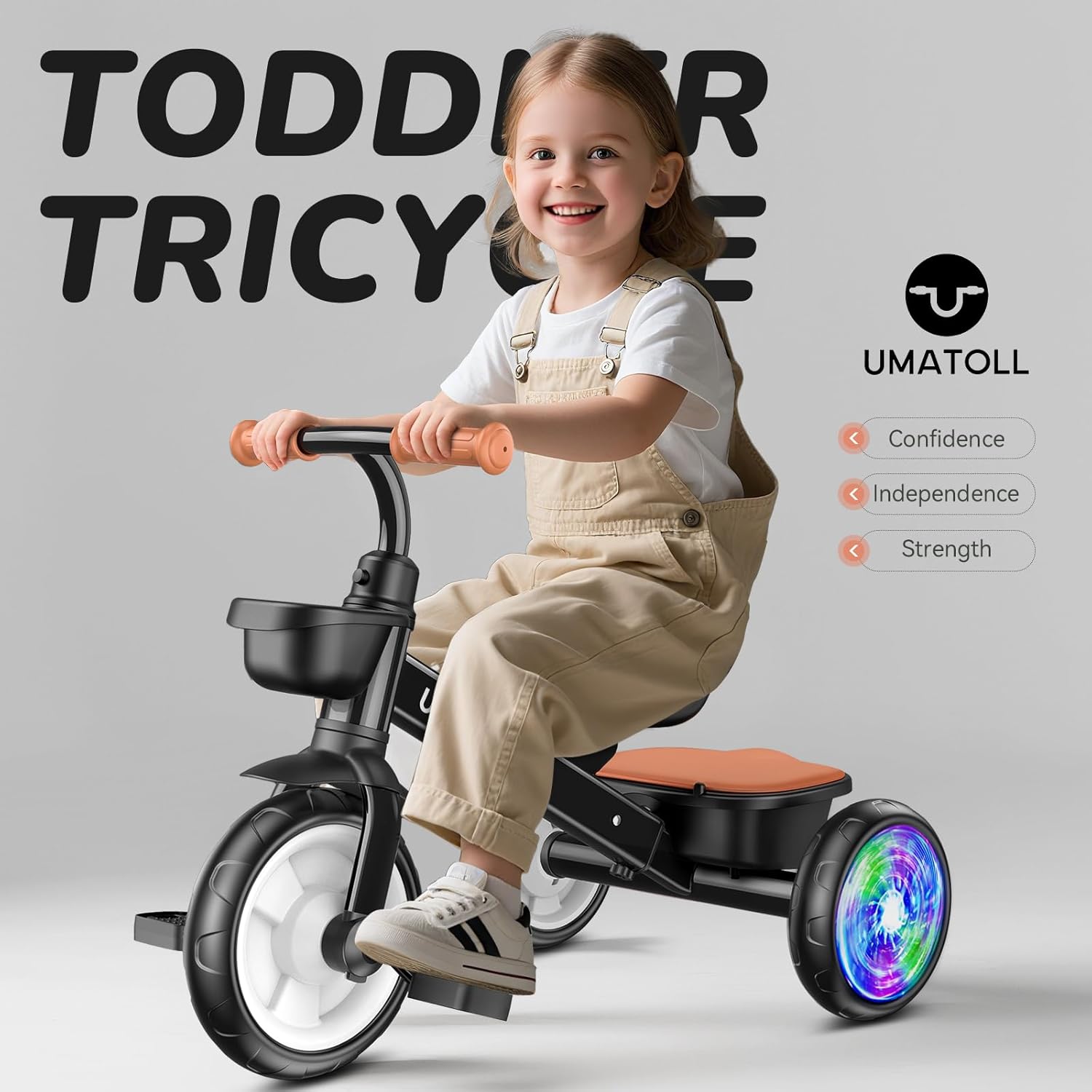 Thumbnail 1 de Umatoll Toddler Tricycle (Ages 2–5) with Adjustable Seat, Dual Baskets & Light-Up Wheels
