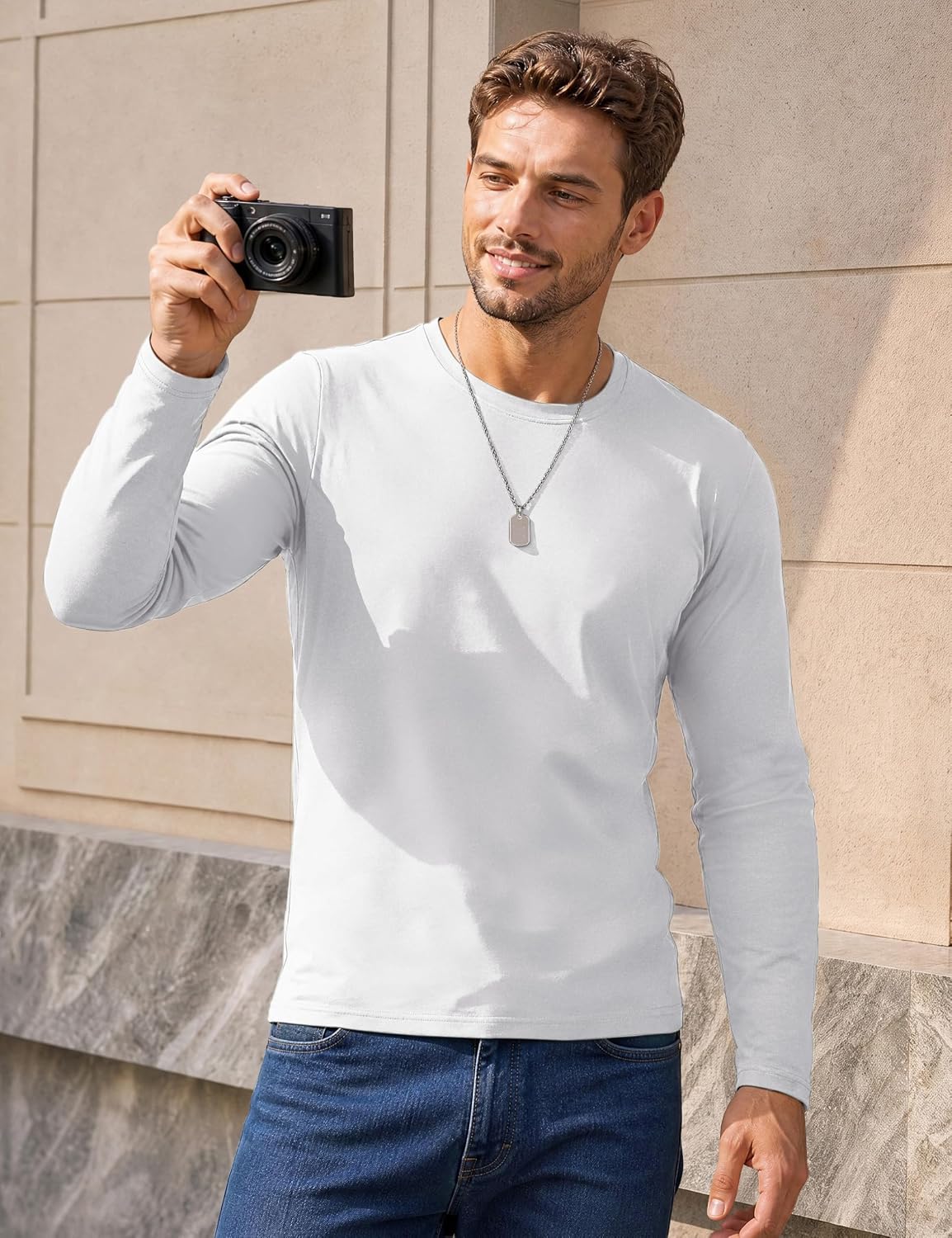 Detalle de MAGNIVIT Mt-521-l23m949d Men's Long-Sleeve Cotton T-Shirt, Crew Neck