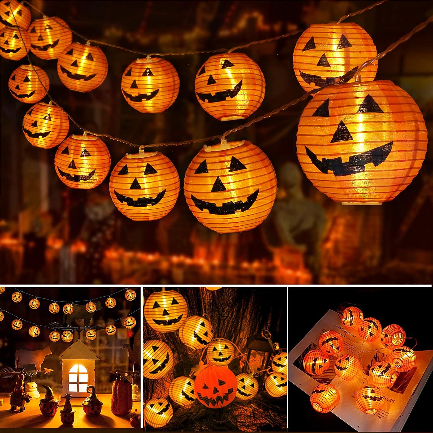 Detalle de Qedertek Halloween Kürbis Laternen Lichterkette – 4,3 m, 20 ORANGE Kürbis-Lampions, IP65, batteriebetrieben