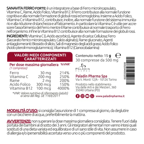Detalle 2 de Sanavita Ferro Forte Integratore Alimentare con Ferro ad Alto Dosaggio – Paladin Pharma, 30 compresse