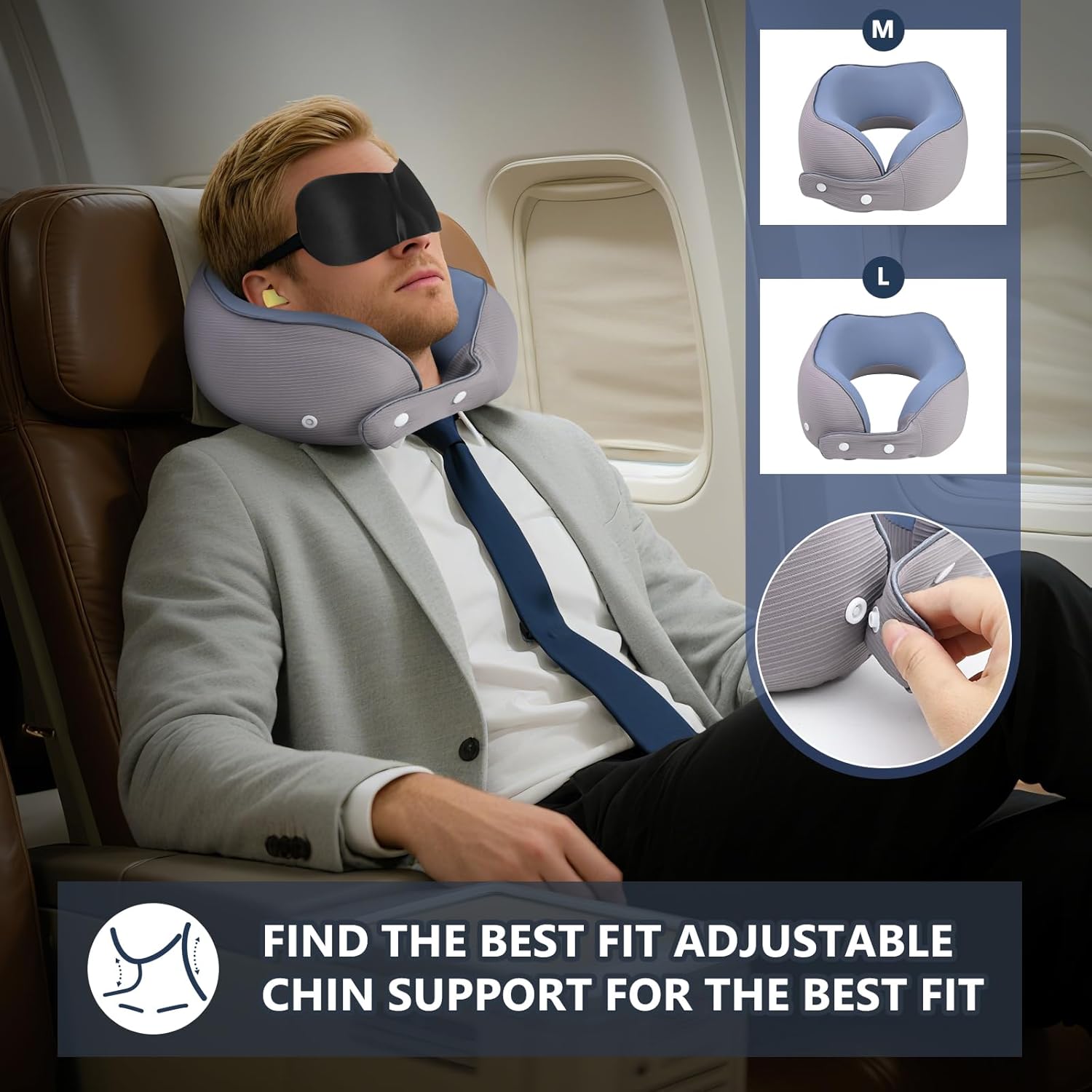 Detalle 2 de lompyeu Nackenkissen Flugzeug – verstellbares Memory-Foam-Reisekissen mit Aufbewahrungstasche und Zubehör