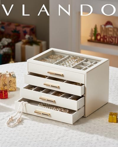 Detalle 2 de VLANDO Boîte à bijoux Grande 4 niveaux avec couvercle en verre et cuir PU – rangement élégant et pratique