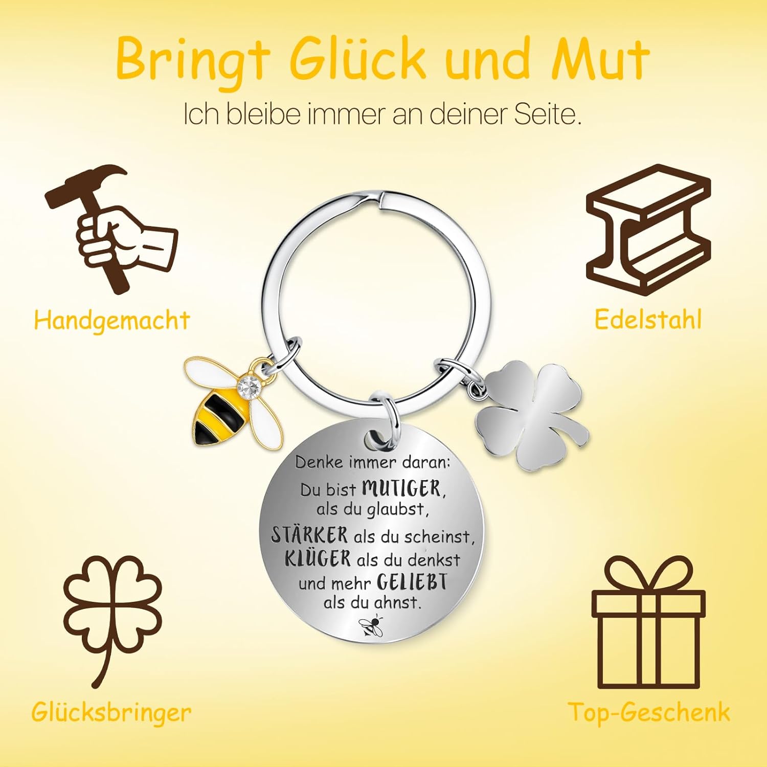 Thumbnail 5 de Farbeele Fröhliche Biene und Glücksbringer-Schlüsselanhänger – handgefertigter Mutmacher mit Mini-Karten, pocket size