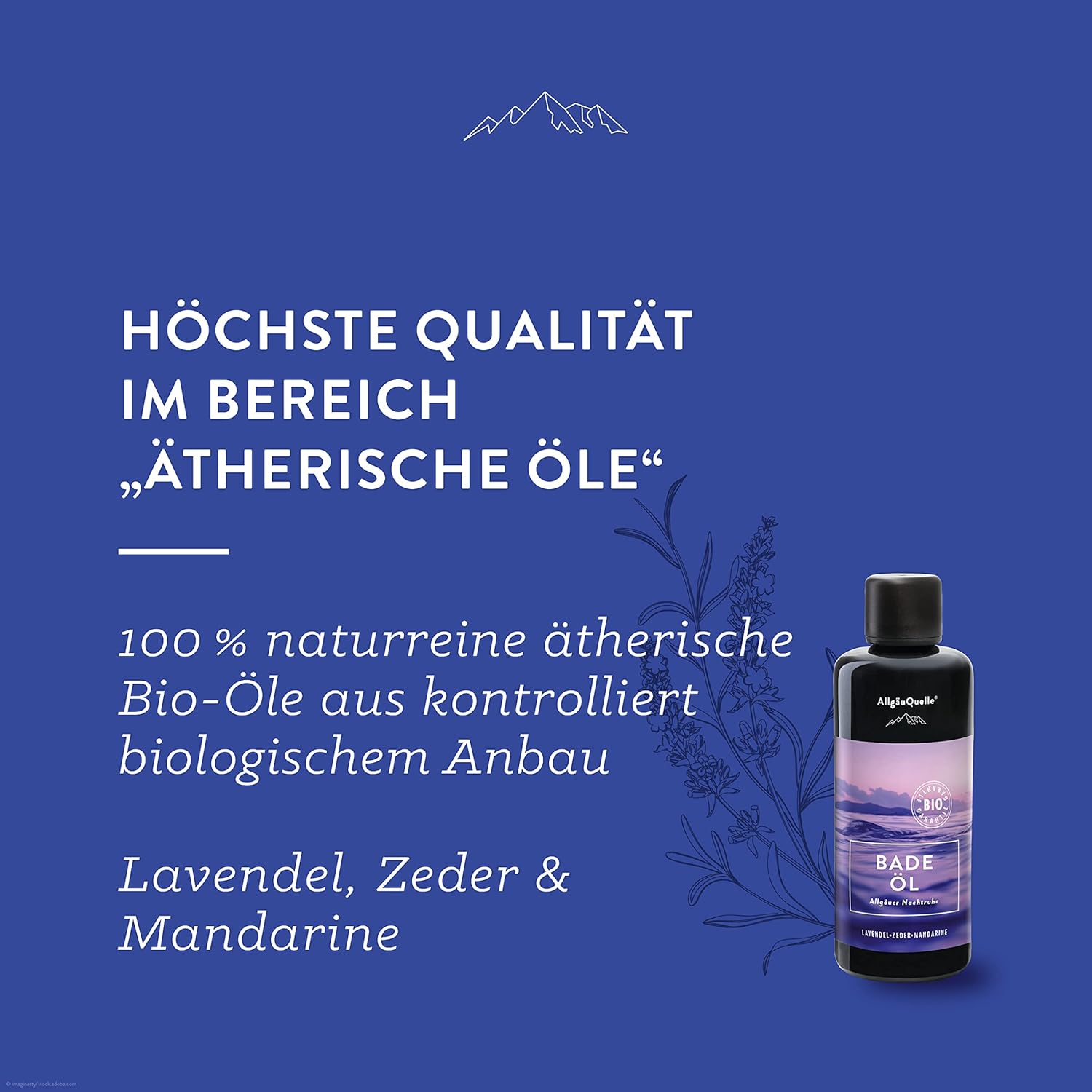 Detalle 2 de AllgäuQuelle® BIO-Badeöl „Allgäuer Nachtruhe“ mit Bio-Ölen (Lavendel, Zeder, Mandarine) – 100 ml