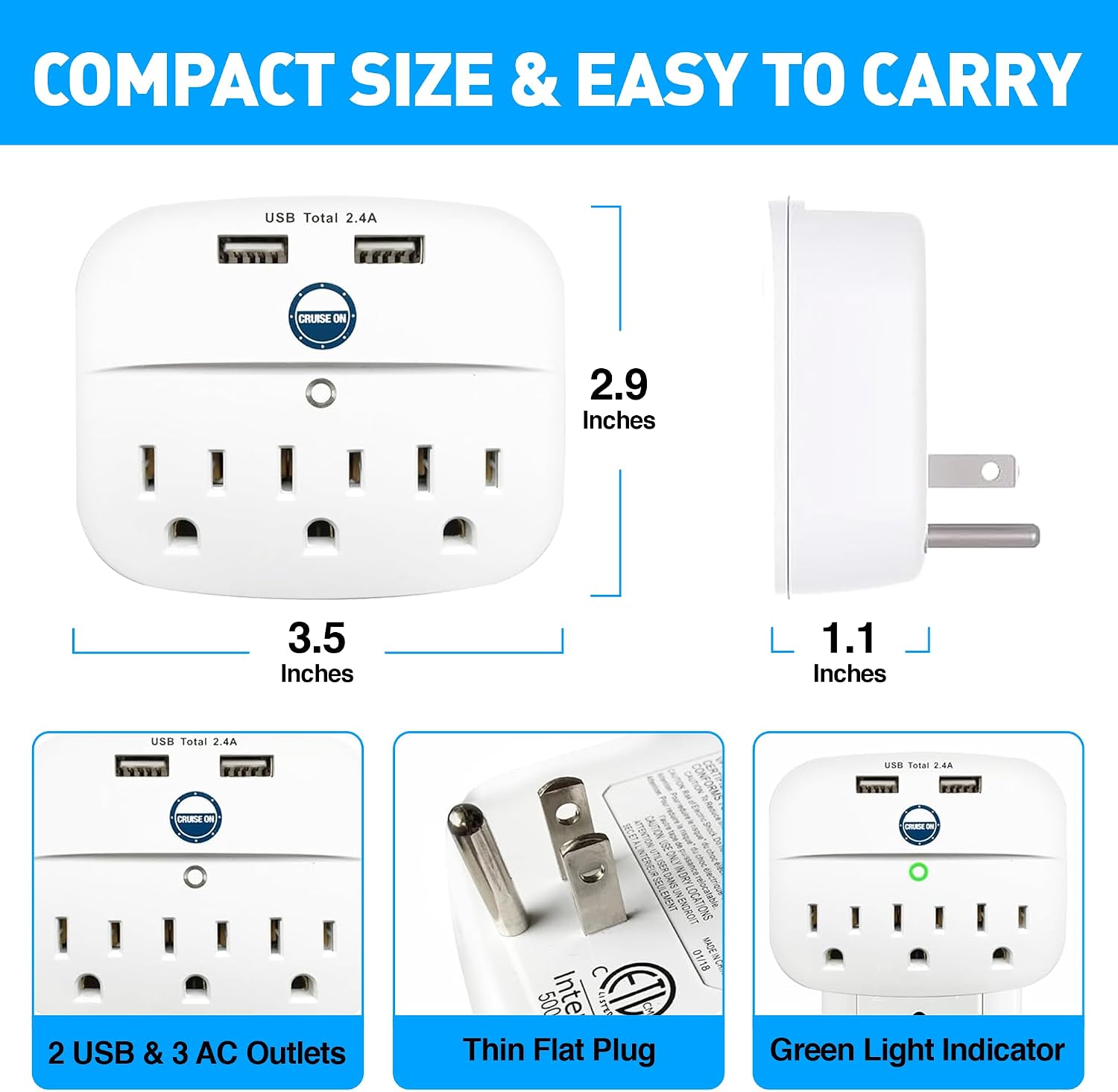 Detalle de Cruise Approved Power Strip - Non Surge Protector with 2 USB Outlets and 3 AC Ports