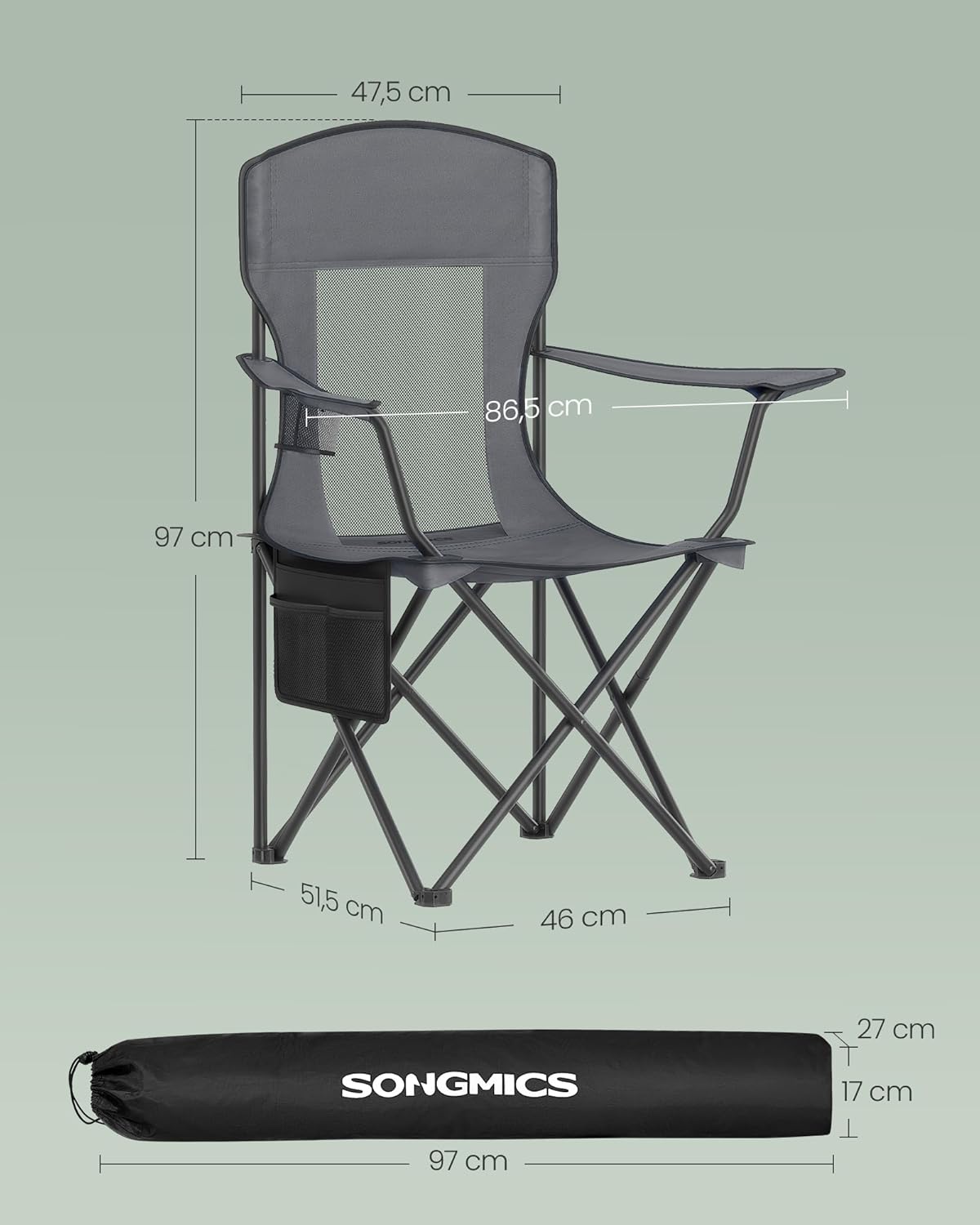 Detalle de SONGMICS Chaises de Camping Respirantes (Lot de 2) – Chaises pliantes avec dossier haut et accoudoirs réglables, gris ardoise GCB028G01