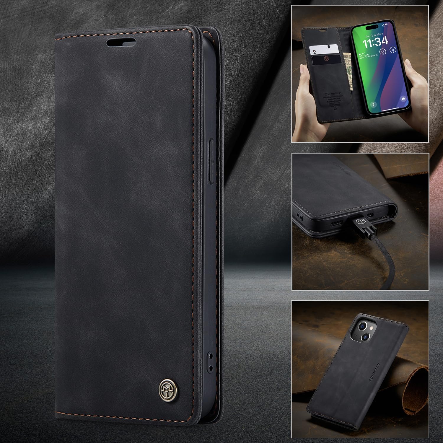 Thumbnail 4 de Lanranwa Klapphülle aus Premium-PU-Leder für iPhone 15 – Schwarz, Standfunktion