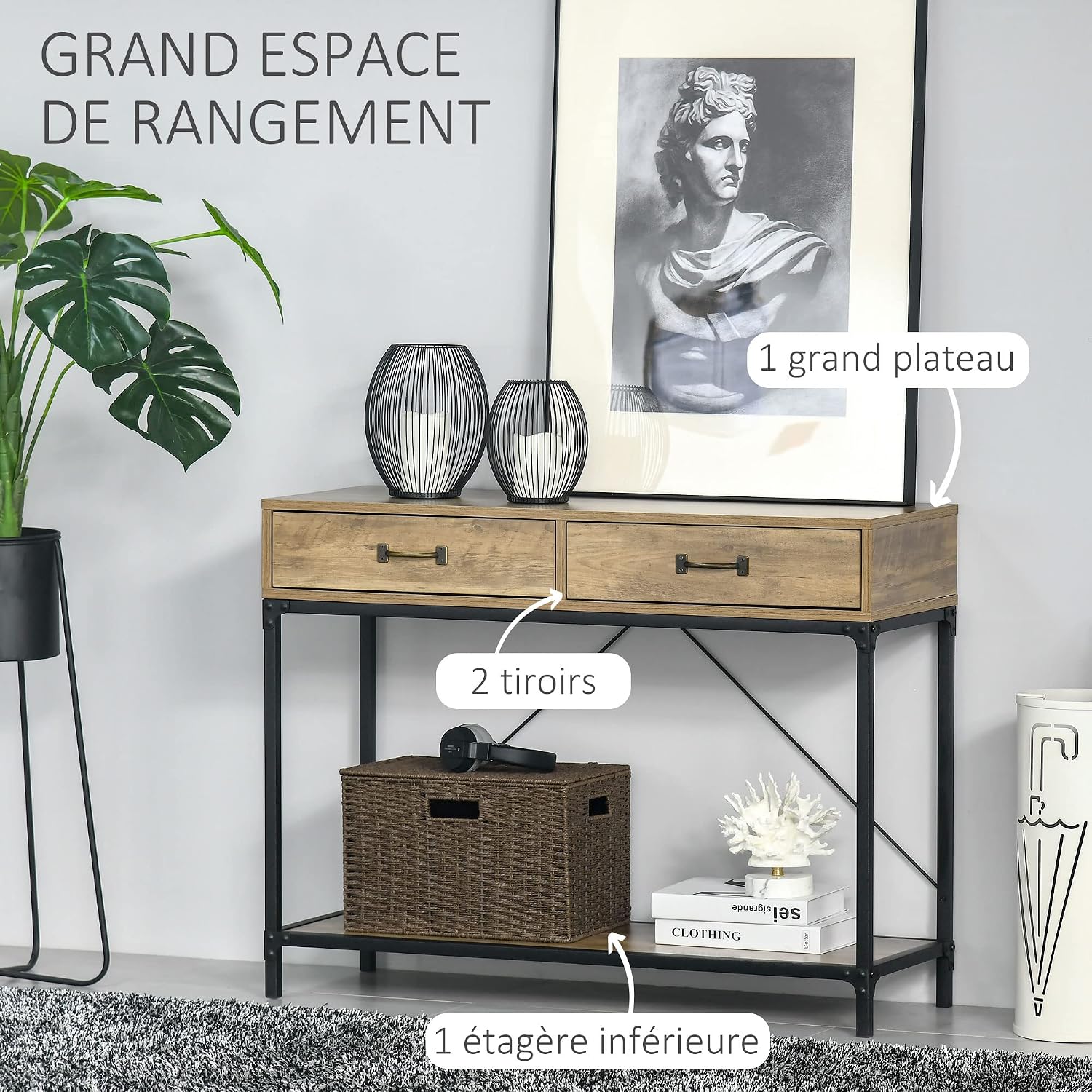 Thumbnail 3 de HOMCOM Table Console d’entrée industrielle avec 2 tiroirs et plateau aspect bois (100 x 35 x 76 cm)