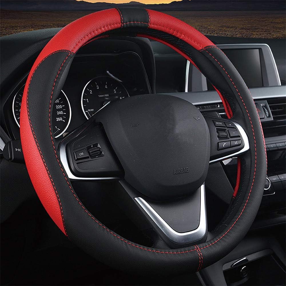 coofig Leather Car Steering Wheel Cover 37-38cm Universal, Breathable Non-Slip (Black/Red)