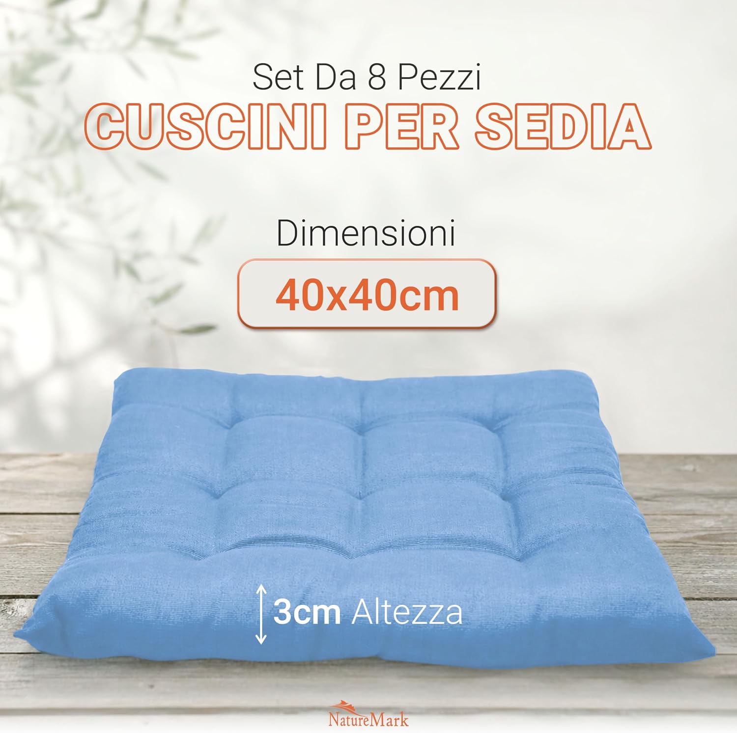 Thumbnail 1 de NatureMark Set 8 Cuscini per Sedie con Cordini 40x40 cm – Colore Azzurro