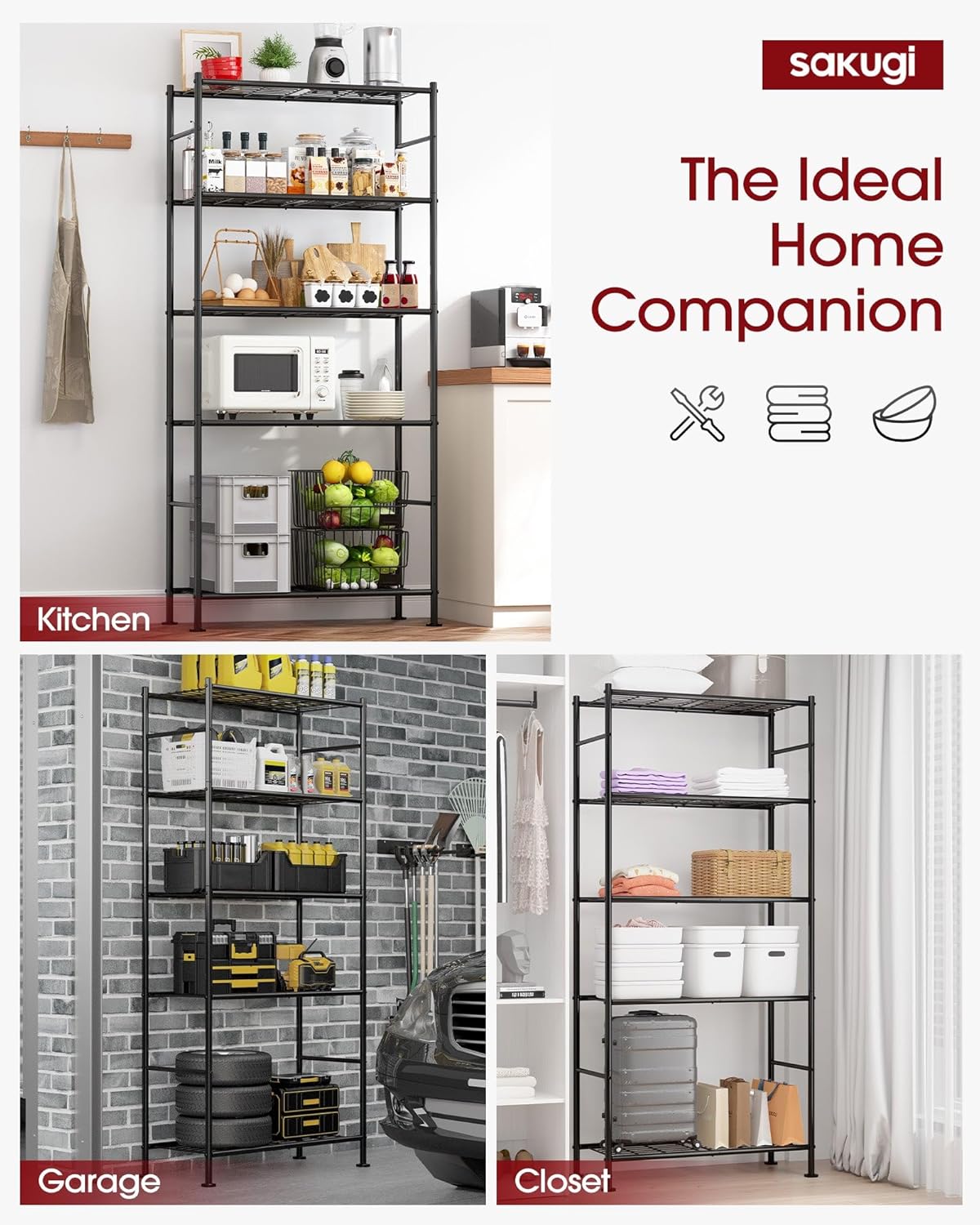 Detalle 2 de Sakugi Storage Shelves 5-Tier Metal Shelving Unit with Leveling Feet (Black) – 72" H, Garage/Closet/Pantry Organizer