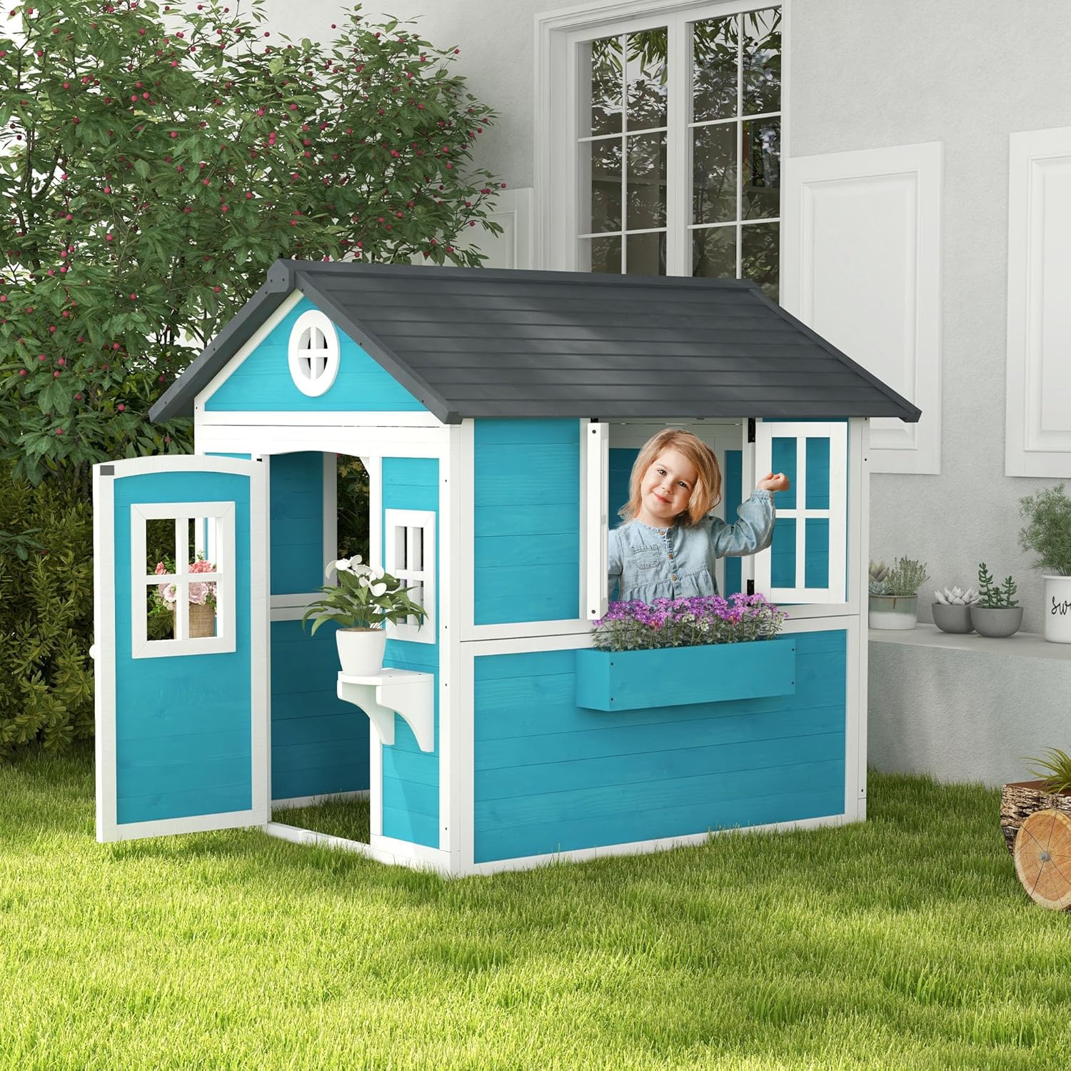 Thumbnail 1 de Outsunny Cabane Enfant extérieur Bleu – Maison de jeu avec porte, fenêtres et jardinières (114 × 126,4 × 135 cm)