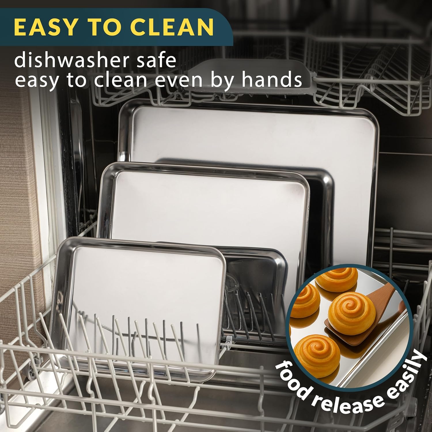 Detalle 2 de Baker’s Signature Stainless Steel Cookie Sheet Pan Set (3-Piece) — Mirror Finish, Non-Stick, BPA Free