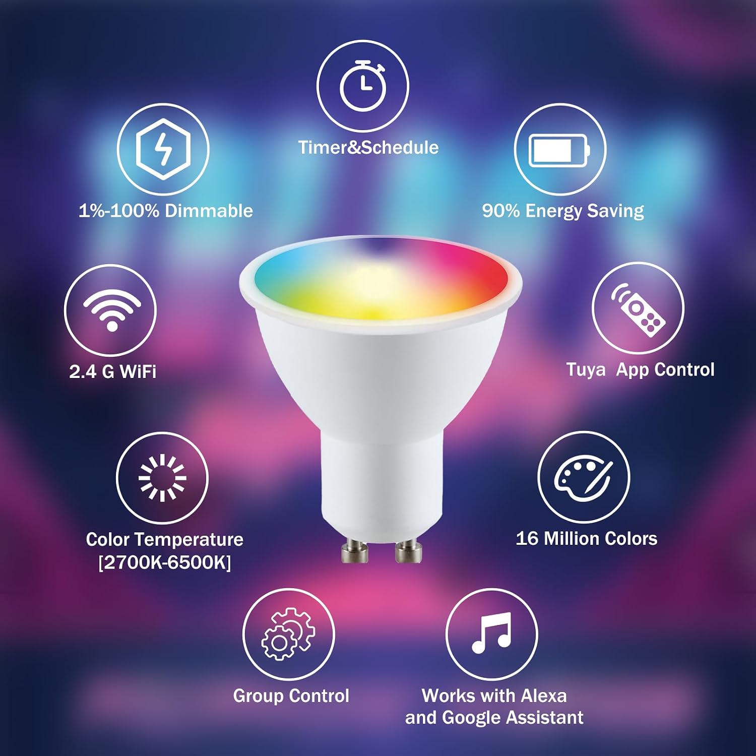 Detalle 2 de HARPER LIVING SMTB04 GU10 Smart Wi-Fi LED Bulb, RGB, Dimmable, 400 lm