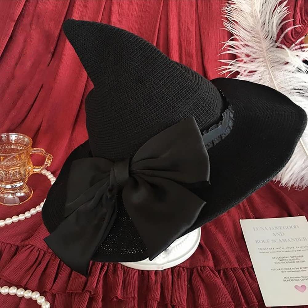 Detalle 2 de HKSICHENGKEJIUK Halloween Witch Hat with Rose Bow – One-Size Gothic Knit Wide-Brim Headwear